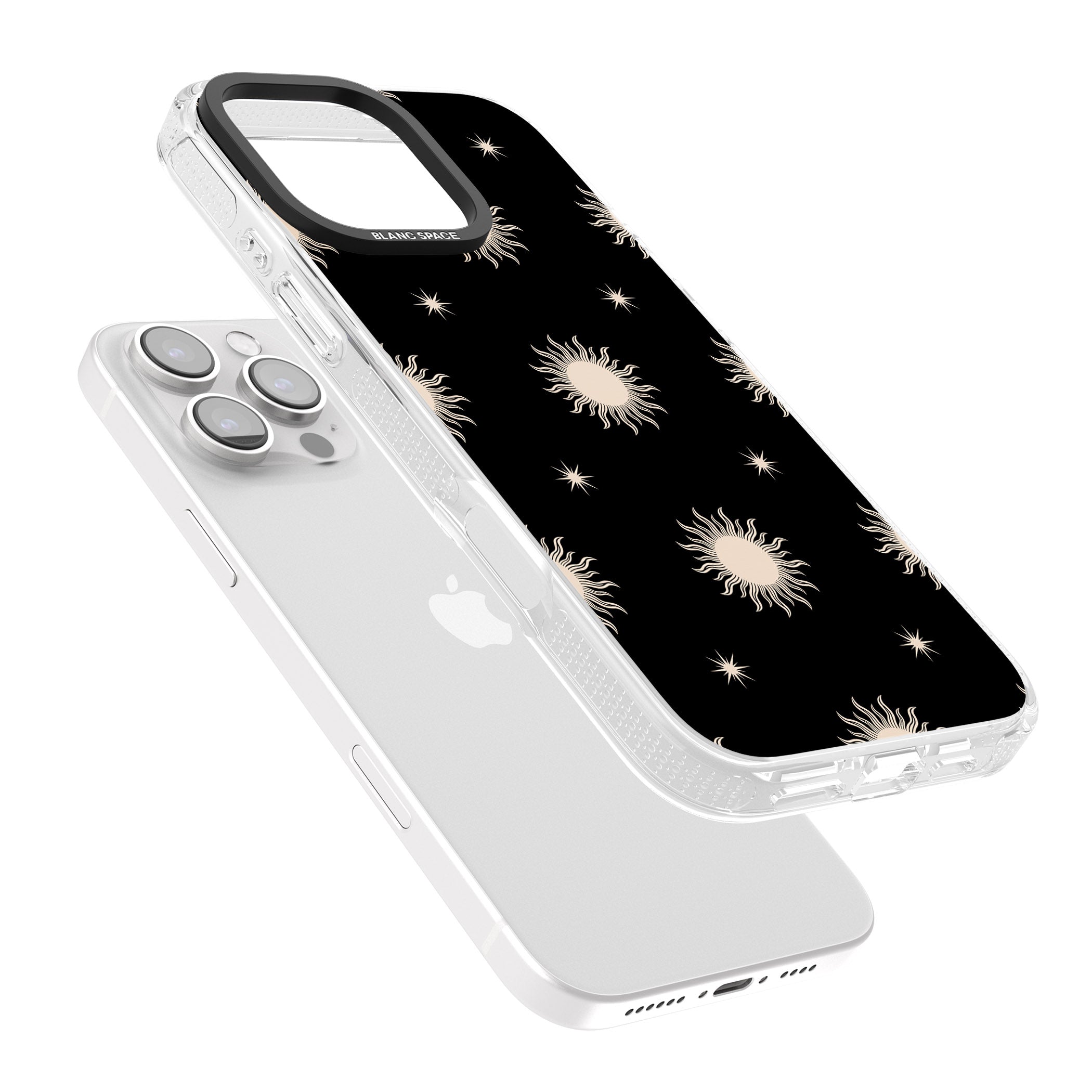 Celestial Patterns Classic Suns (Black) iPhone 16 Pro Max / 16 Pro Clear Case Impact Air - Blanc Space
