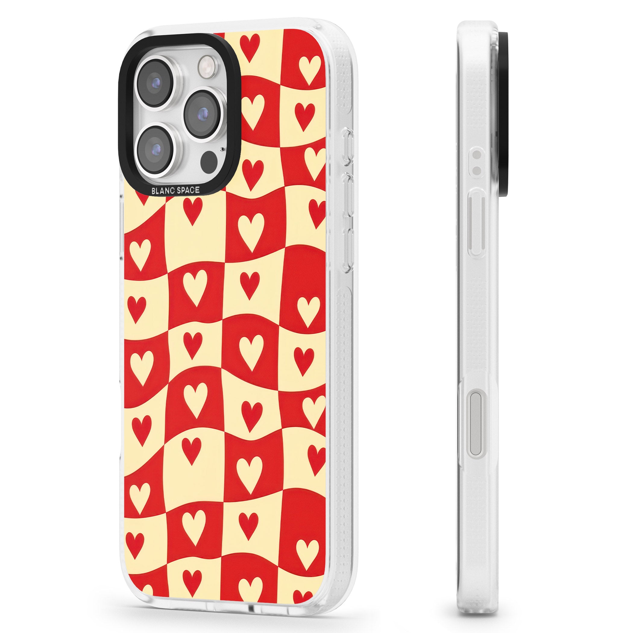 Red Wavy Checked & Hearts iPhone 16 Pro Max / 16 Pro Clear Case Impact Air - Blanc Space