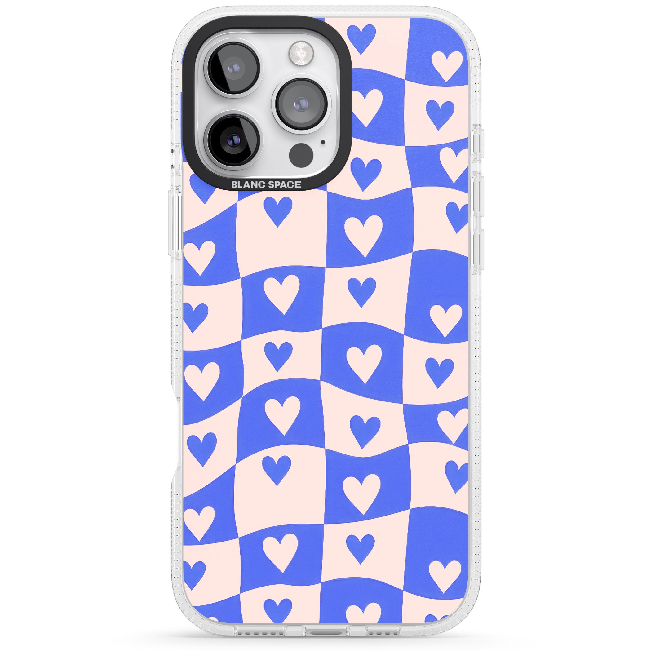 Blue Wavy Checked & Hearts iPhone 16 Pro Max / 16 Pro Clear Case Impact Air - Blanc Space