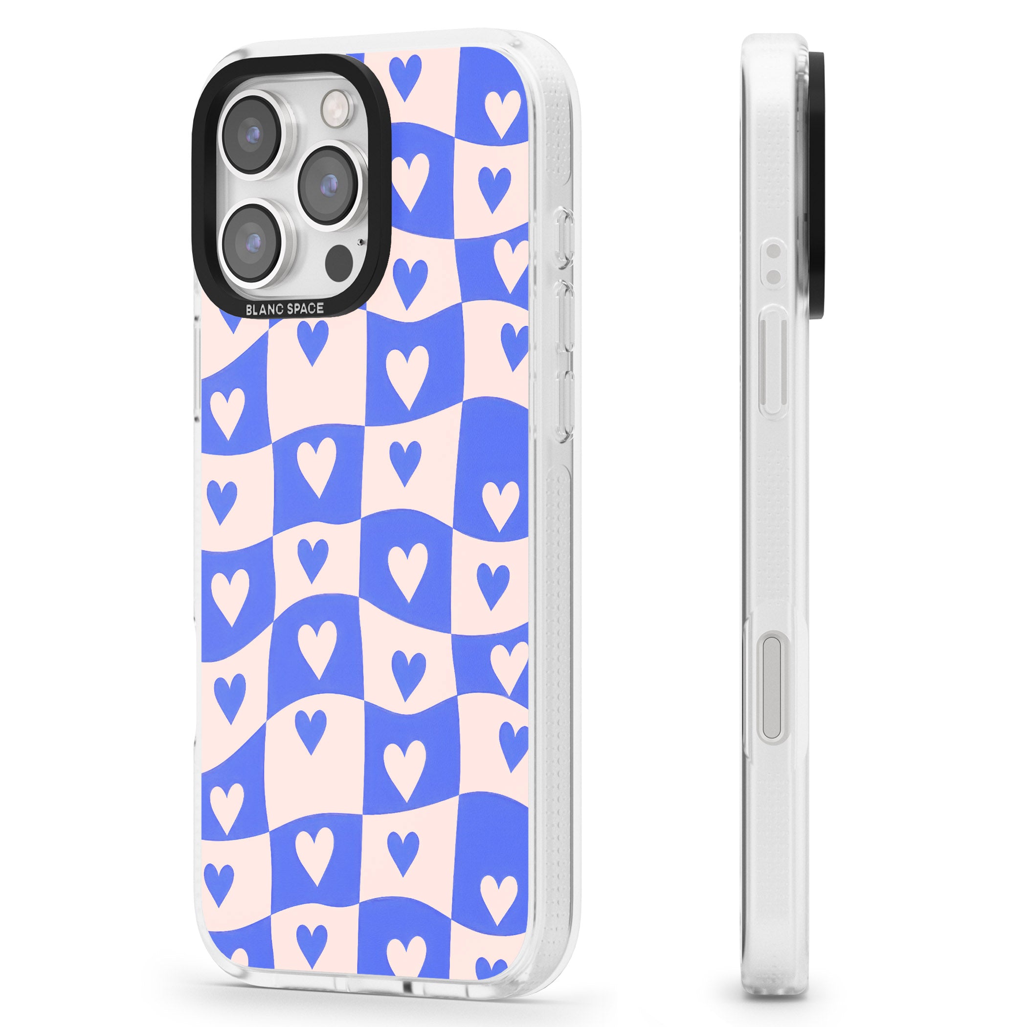 Blue Wavy Checked & Hearts iPhone 16 Pro Max / 16 Pro Clear Case Impact Air - Blanc Space