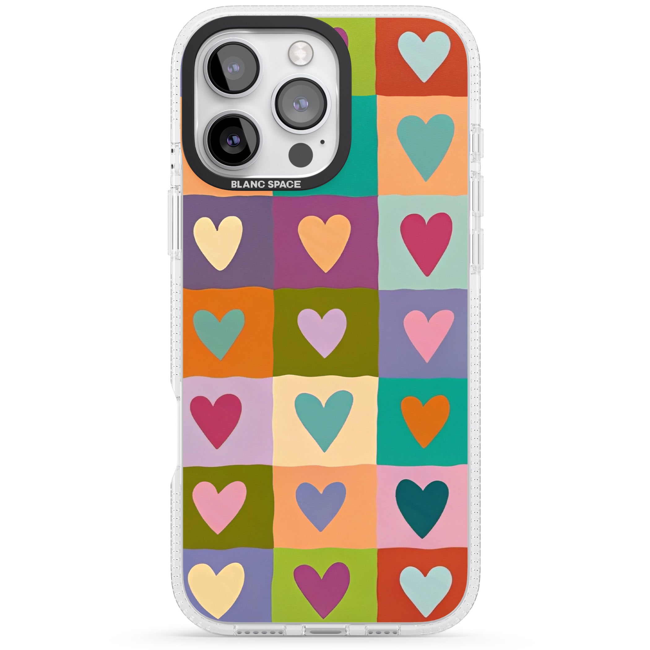 Multicolour Checked Hearts iPhone 16 Pro Max / 16 Pro Clear Case Impact Air - Blanc Space