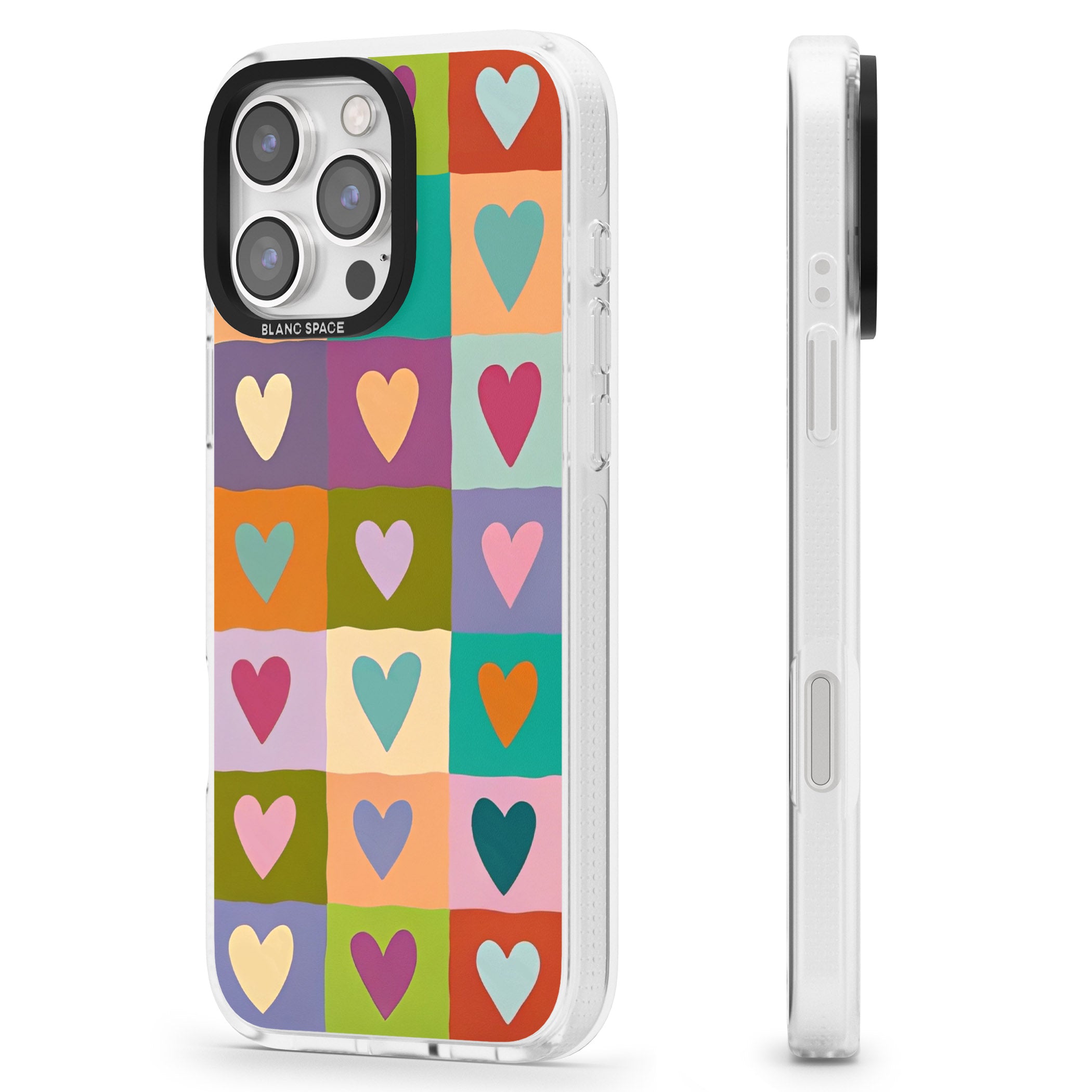 Multicolour Checked Hearts iPhone 16 Pro Max / 16 Pro Clear Case Impact Air - Blanc Space