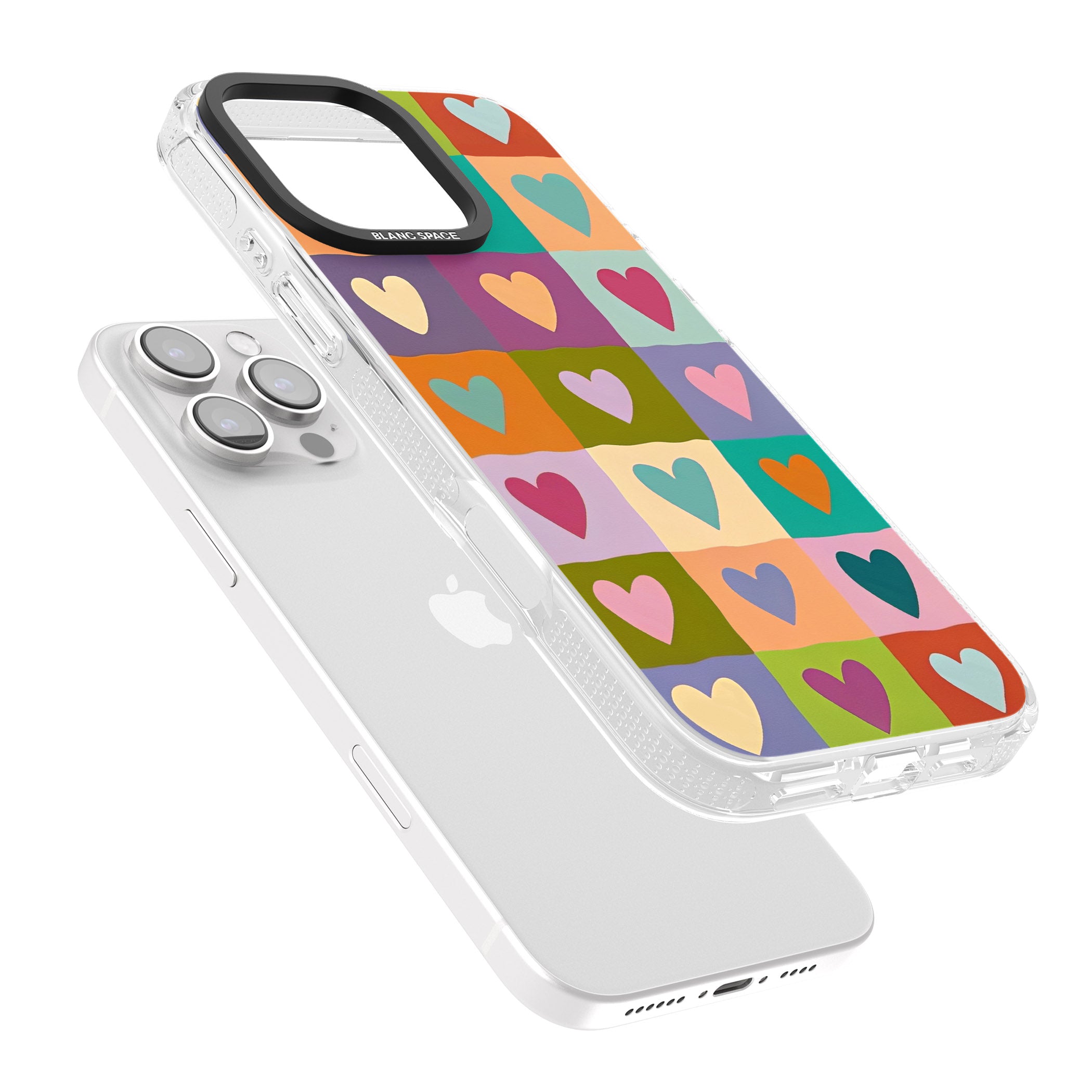Multicolour Checked Hearts iPhone 16 Pro Max / 16 Pro Clear Case Impact Air - Blanc Space