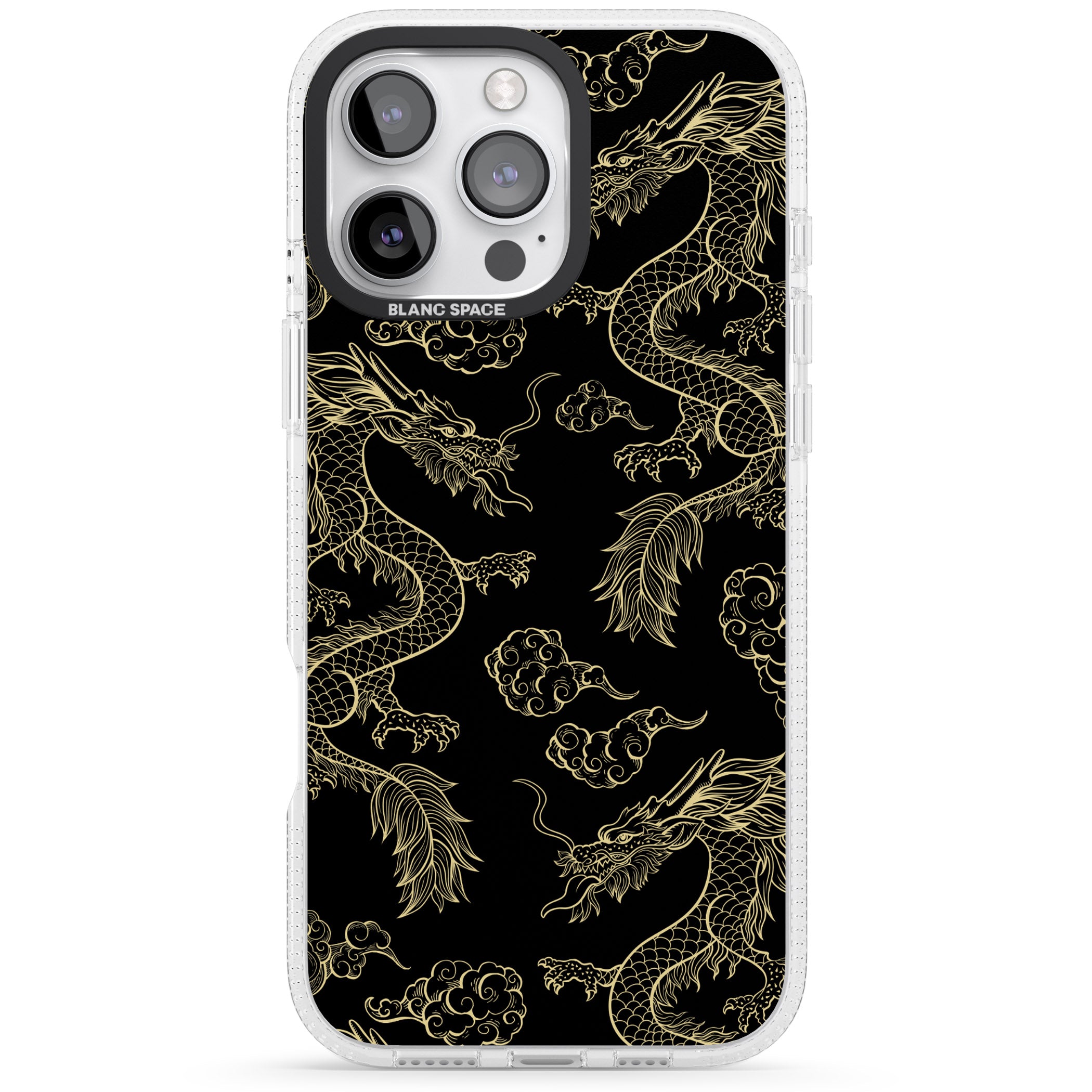 Black and Gold Dragon Pattern iPhone 16 Pro Max / 16 Pro Clear Case Impact Air - Blanc Space