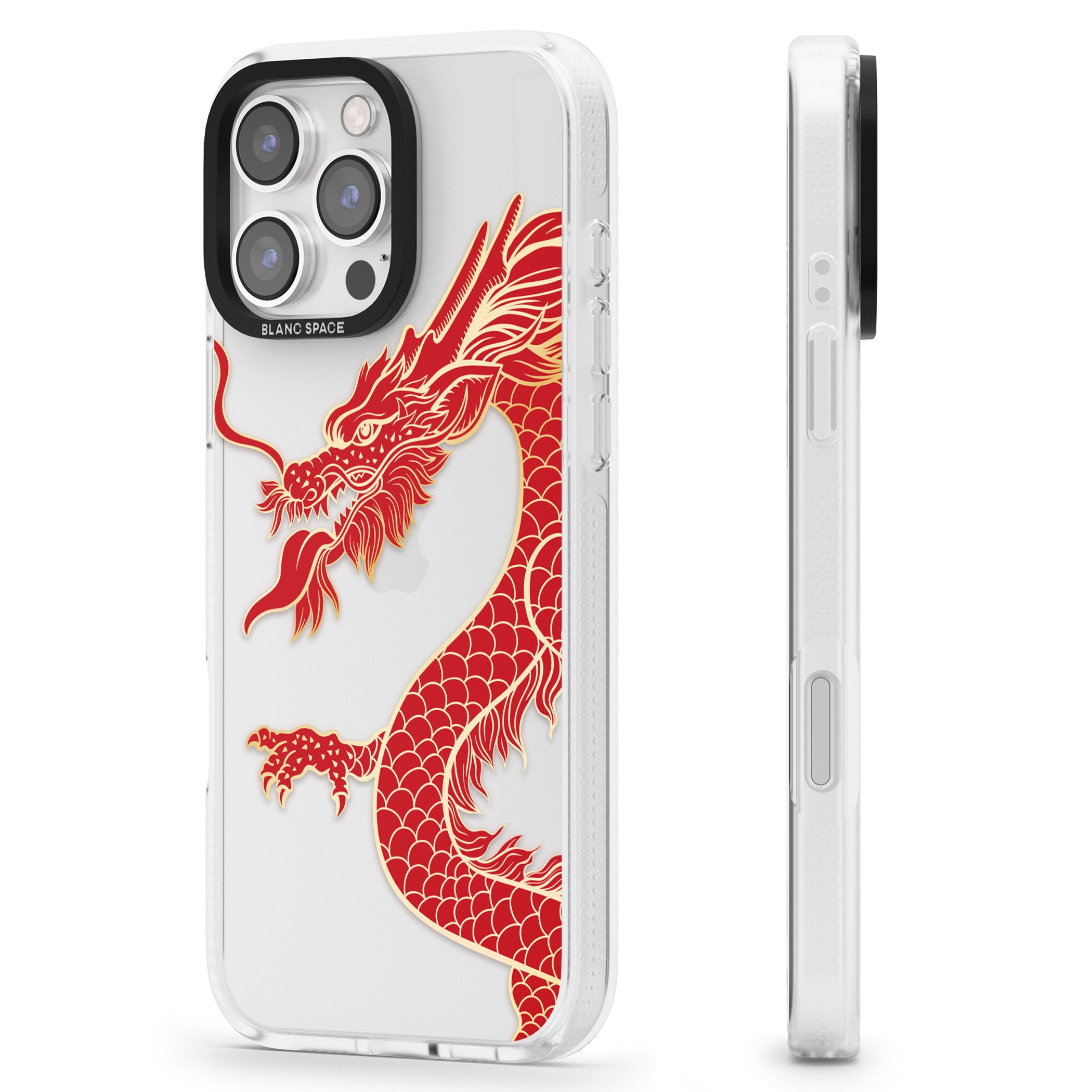 Large Red Dragon iPhone 16 Pro Max / 16 Pro Clear Case Impact Air - Blanc Space