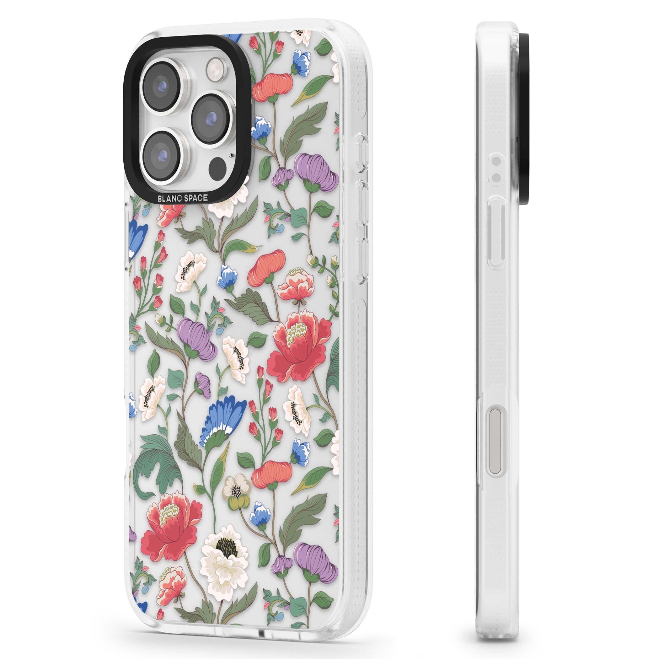 Chinoiserie Bloom vintage floral iPhone case featuring hand-painted peonies, poppies and trailing wildflowers on clear... | Clear Case Impact Air case for iPhone 16 Pro, iPhone 16 Pro Max