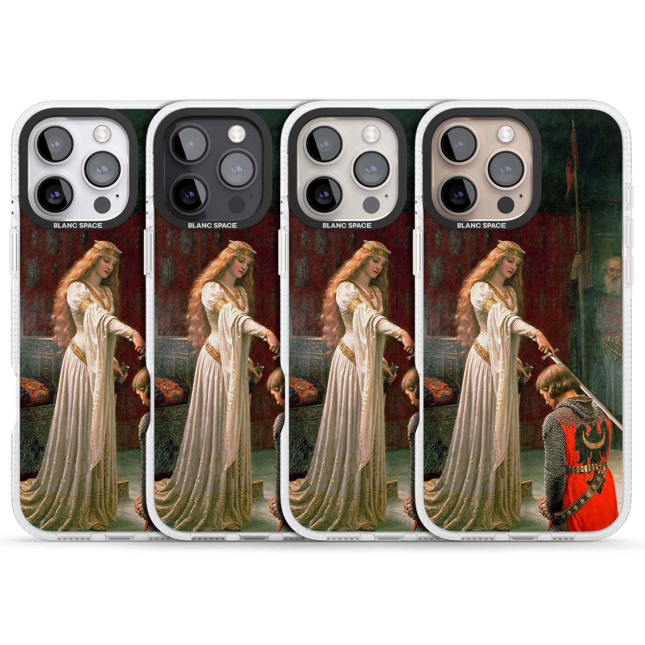 The Accolade renaissance art iPhone case featuring Edmund Blair Leighton's painting of a queen knighting a kneeling knight | Clear Case Impact Air case for iPhone 16 Pro, iPhone 16 Pro Max
