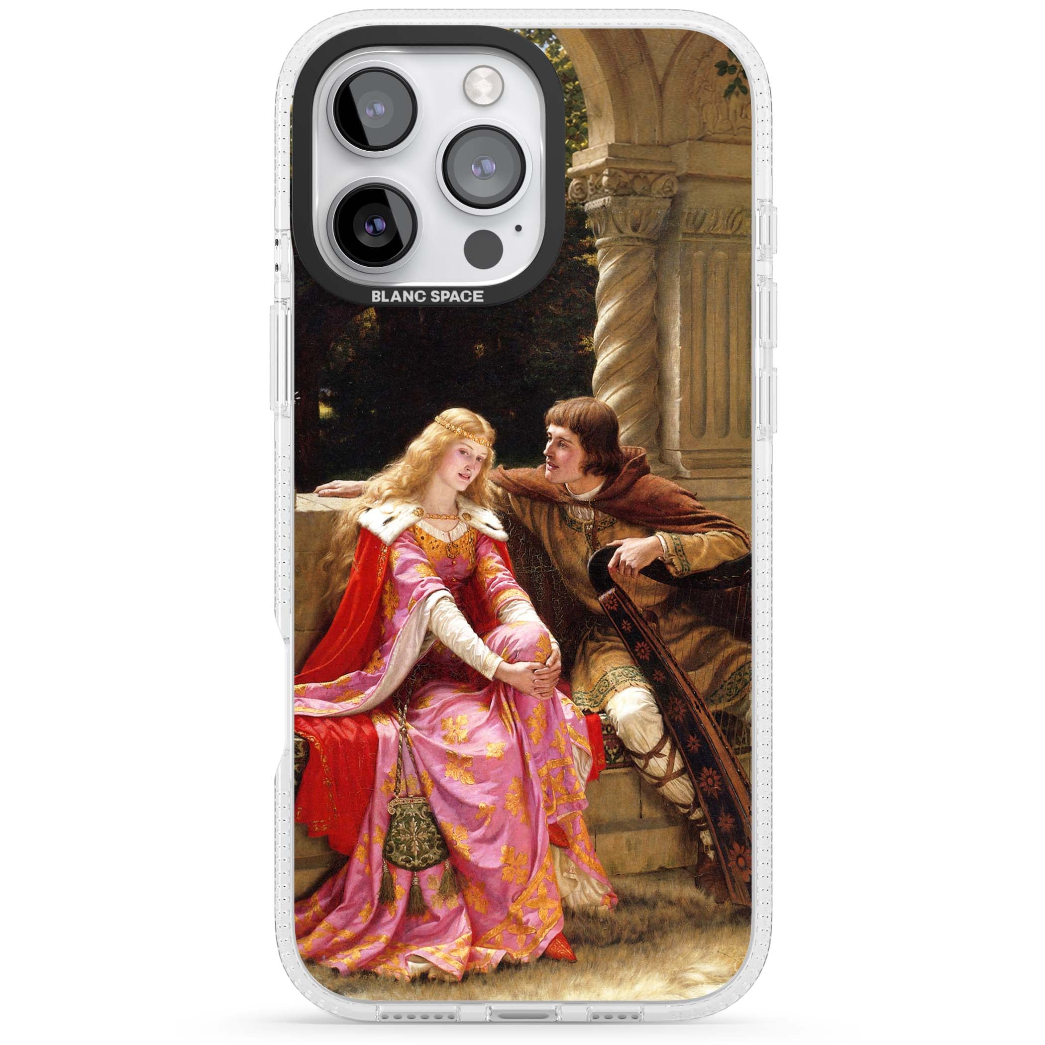 The End of the Song classic art iPhone case featuring a medieval lady in pink gown and her knight in a stone archway | Clear Case Impact Air case for iPhone 16 Pro, iPhone 16 Pro Max