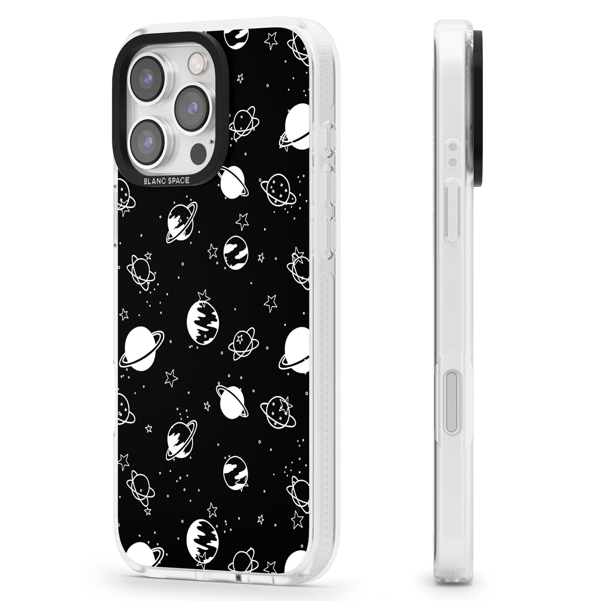 White Planets on Black iPhone 16 Pro Max / 16 Pro Clear Case Impact Air - Blanc Space