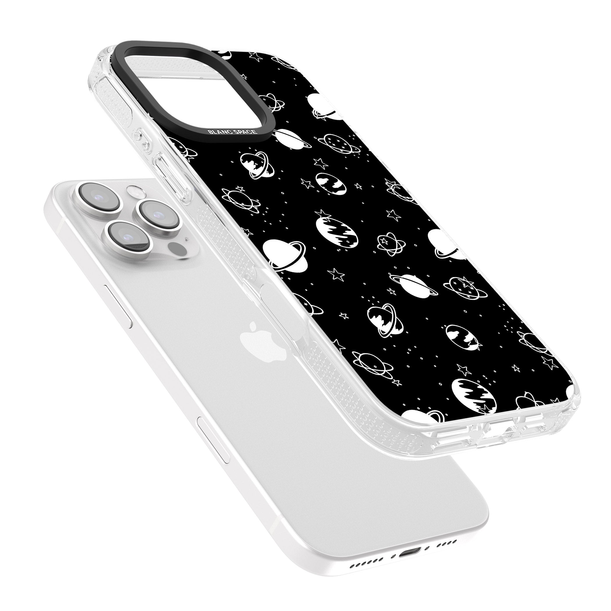 White Planets on Black iPhone 16 Pro Max / 16 Pro Clear Case Impact Air - Blanc Space