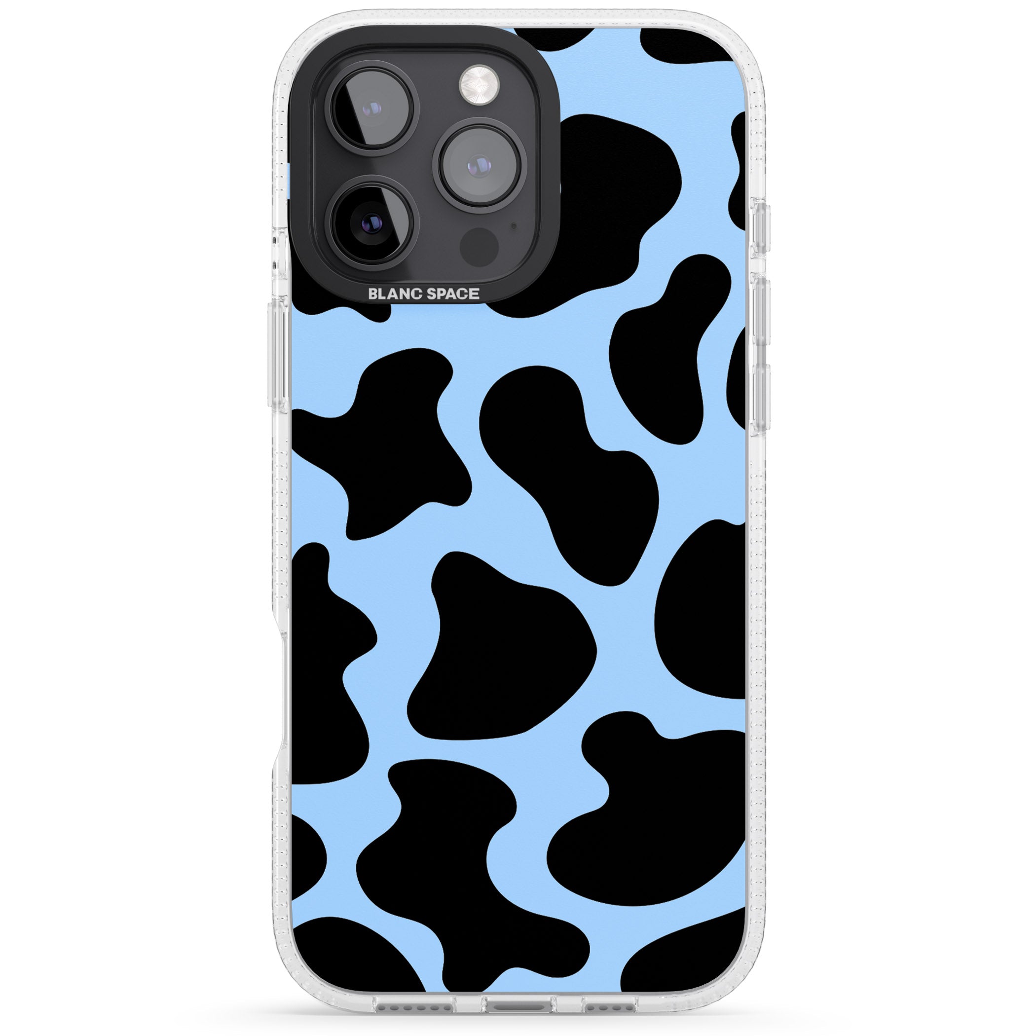 Blue and Black Cow Print iPhone 16 Pro Max / 16 Pro Clear Case Impact Air - Blanc Space