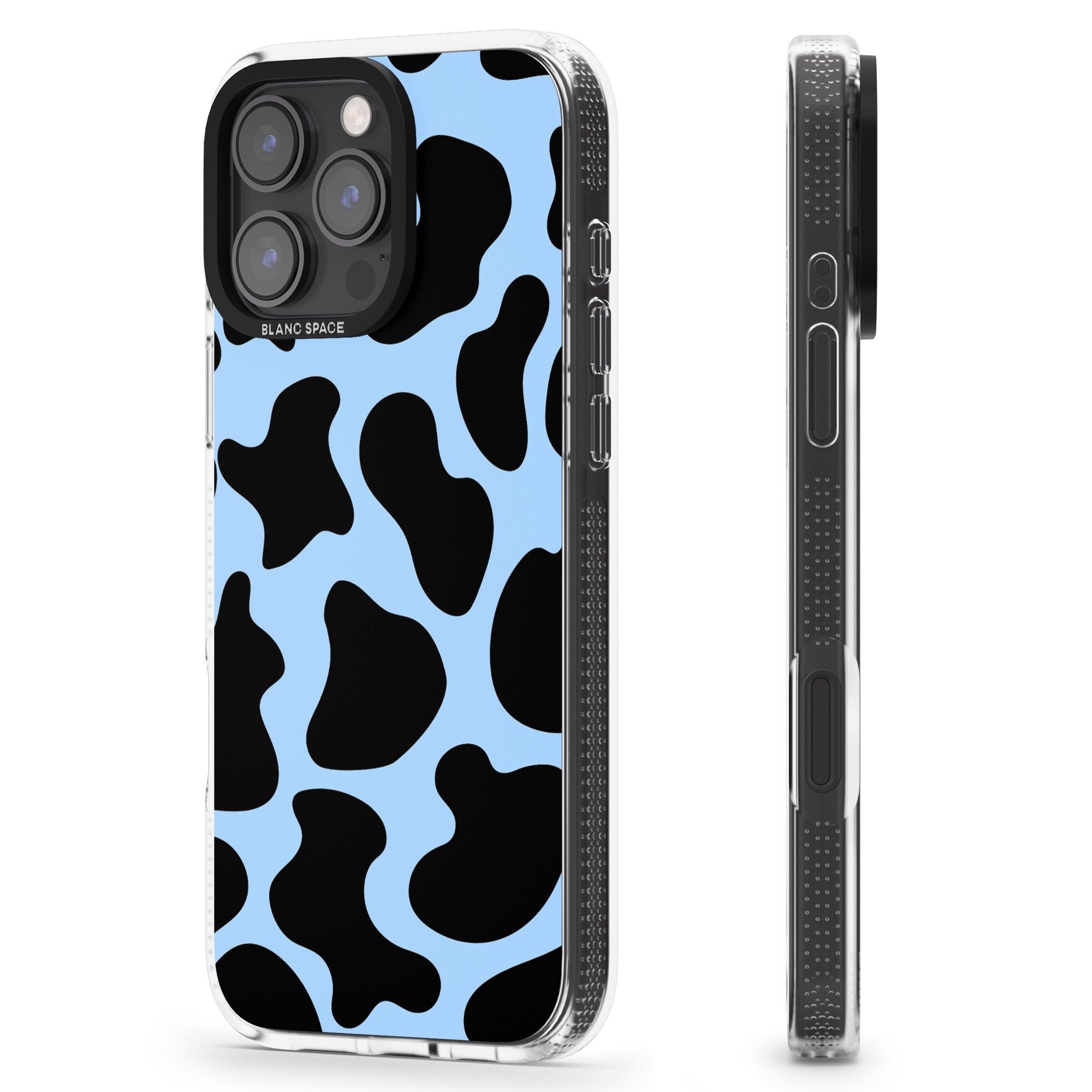 Blue and Black Cow Print iPhone 16 Pro Max / 16 Pro Clear Case Impact Air - Blanc Space