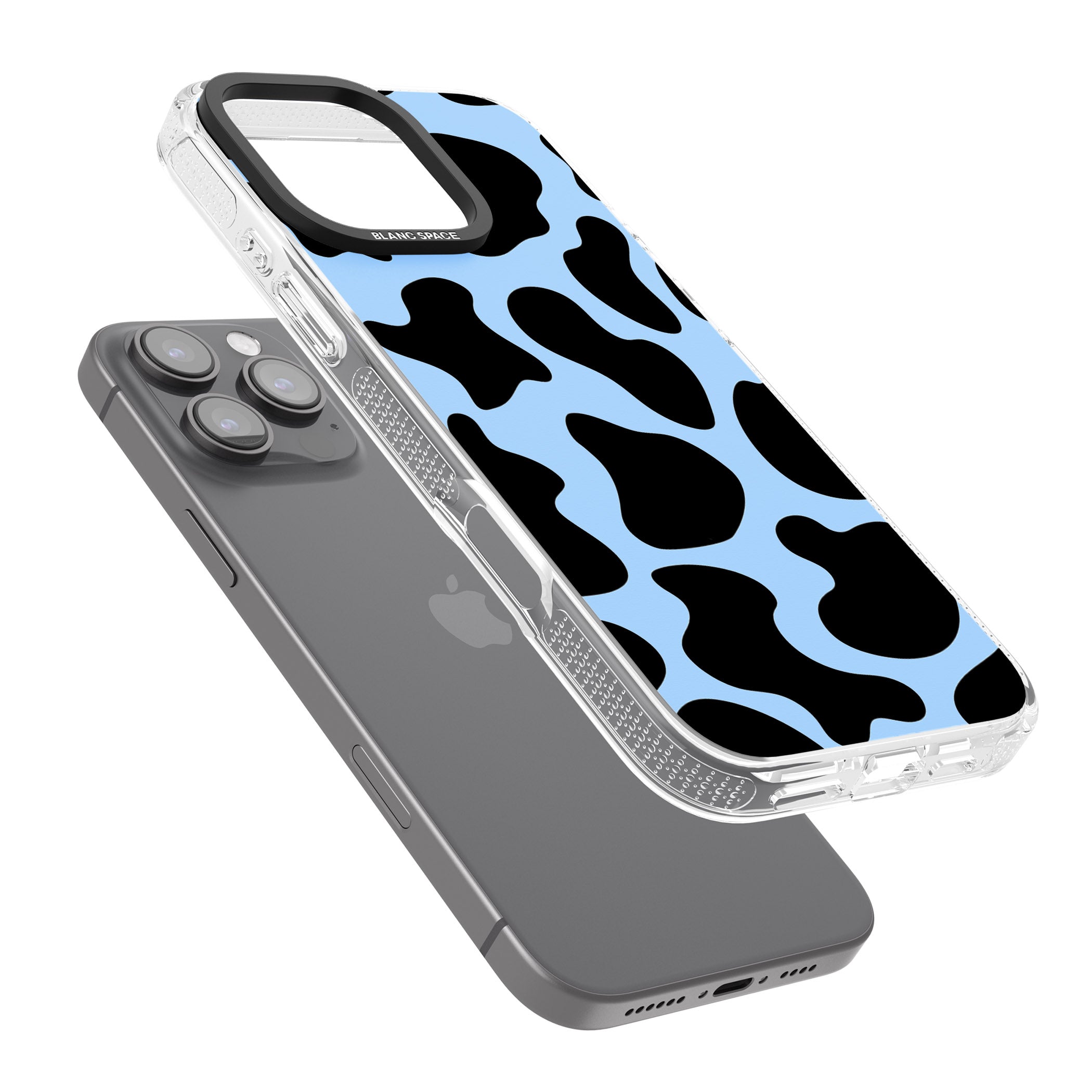 Blue and Black Cow Print iPhone 16 Pro Max / 16 Pro Clear Case Impact Air - Blanc Space