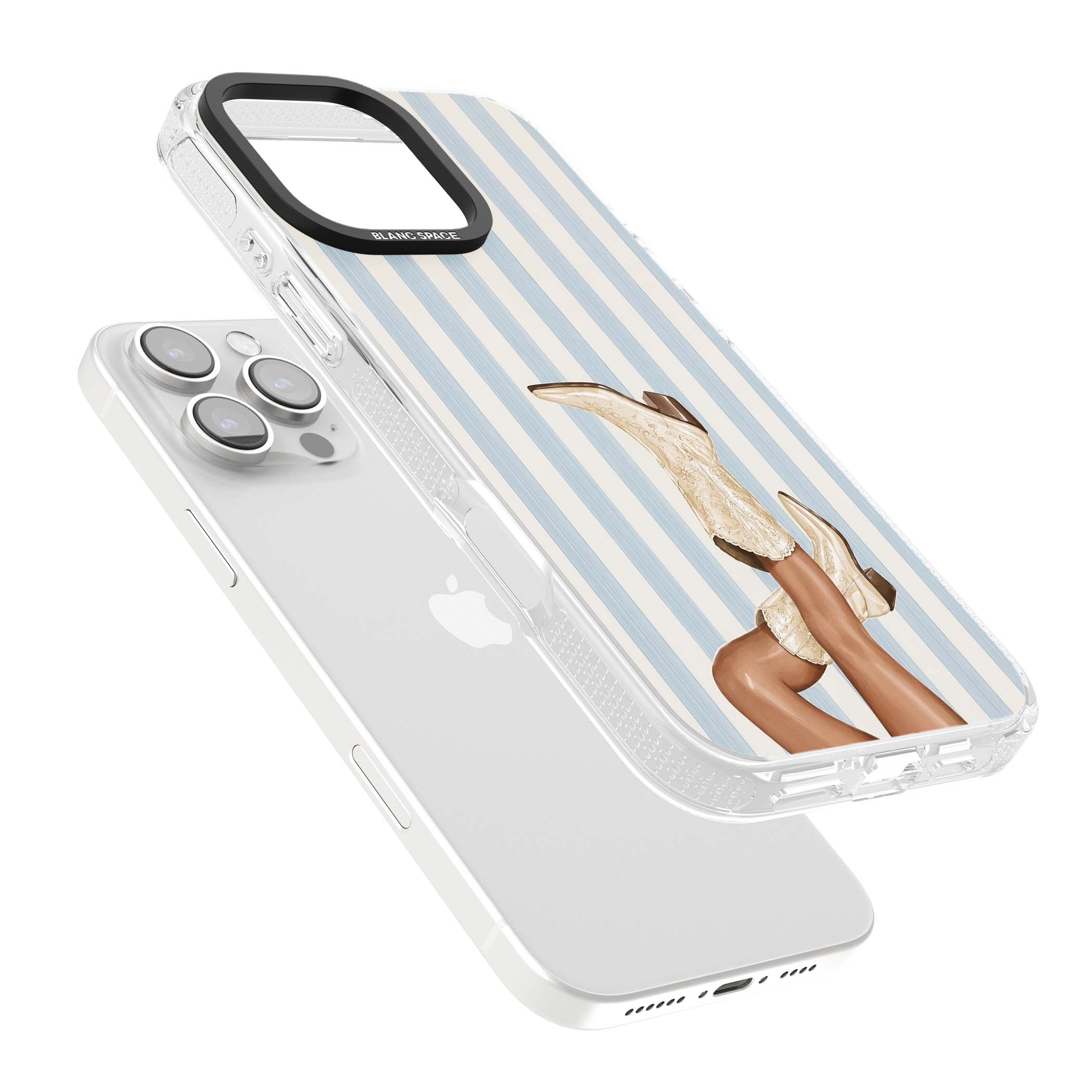 Cowgirl Boots coastal cowgirl iPhone case featuring embroidered western boots, tanned legs and a blue stripe backdrop | Clear Case Impact Air case for iPhone 16 Pro, iPhone 16 Pro Max