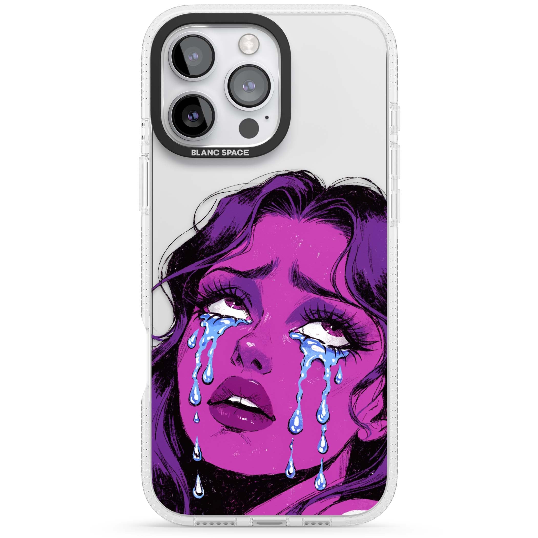 Drama Queen pop art iPhone case featuring a purple crying comic girl with blue tears | Clear Case Impact Air case for iPhone 16 Pro, iPhone 16 Pro Max