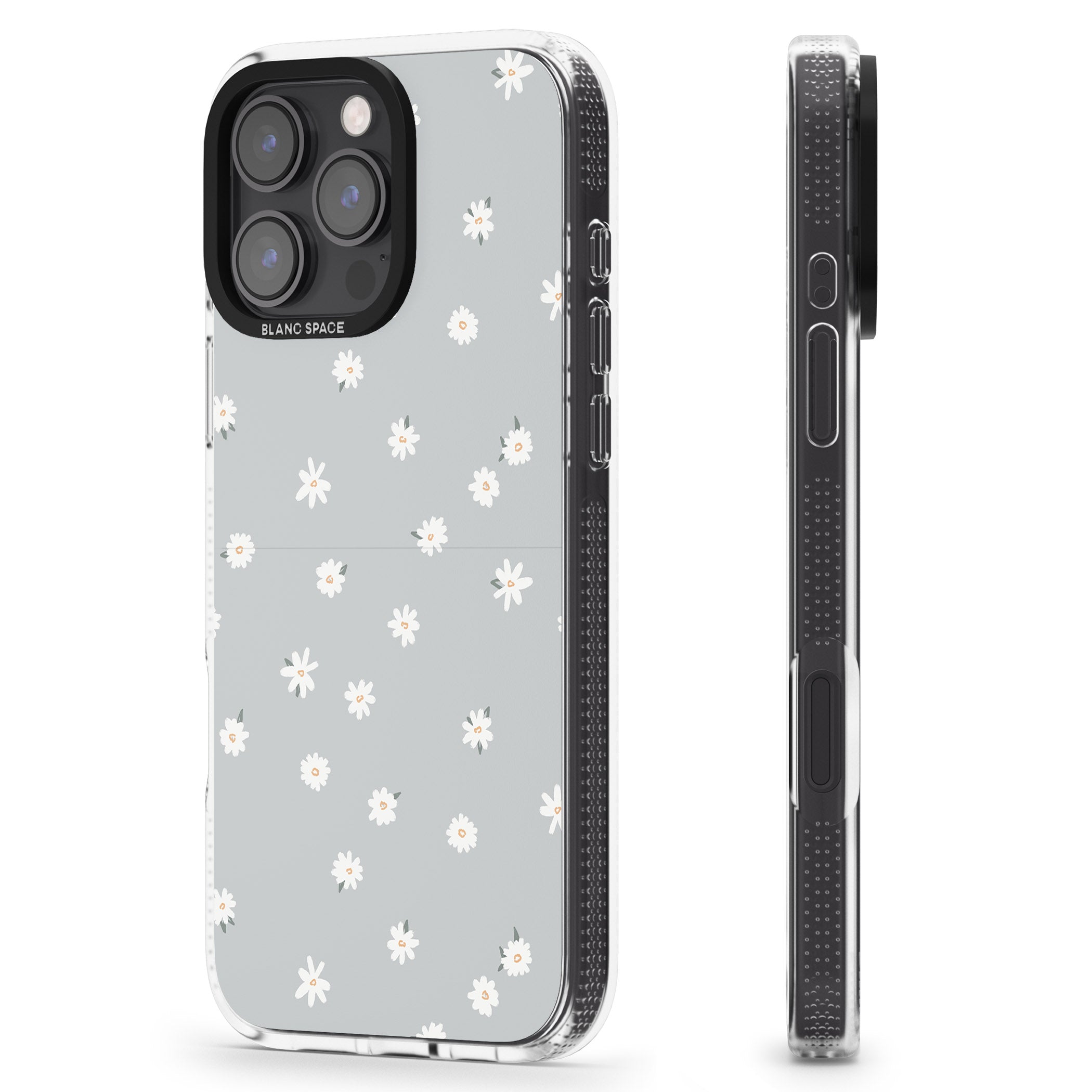 Painted Daisy Blue-Grey Cute iPhone 16 Pro Max / 16 Pro Clear Case Impact Air - Blanc Space