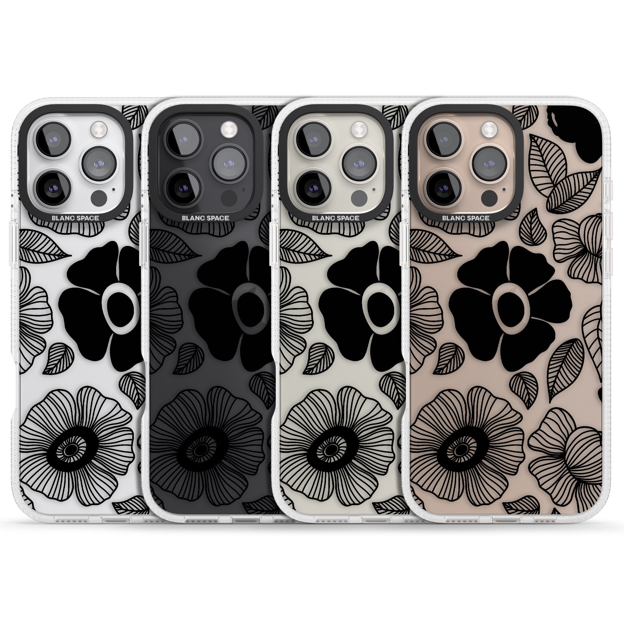 Black Flowers iPhone 16 Pro Max / 16 Pro Clear Case Impact Air - Blanc Space