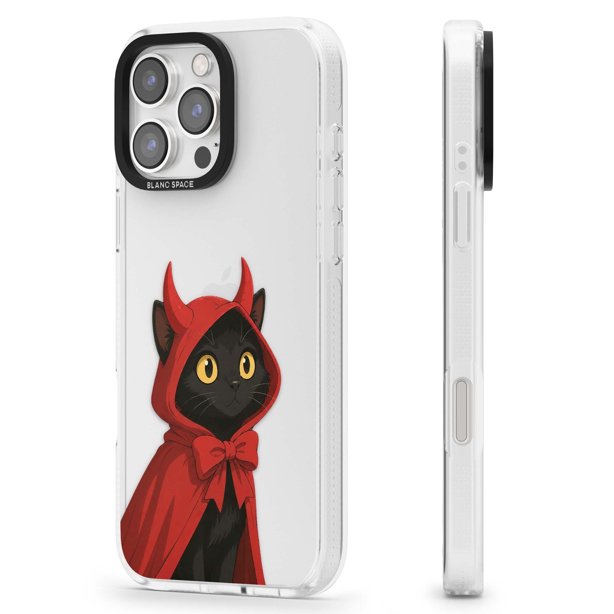 Little Devil halloween iPhone case featuring a black cat in a red hooded devil cloak with horns and golden eyes | Clear Case Impact Air case for iPhone 16 Pro, iPhone 16 Pro Max