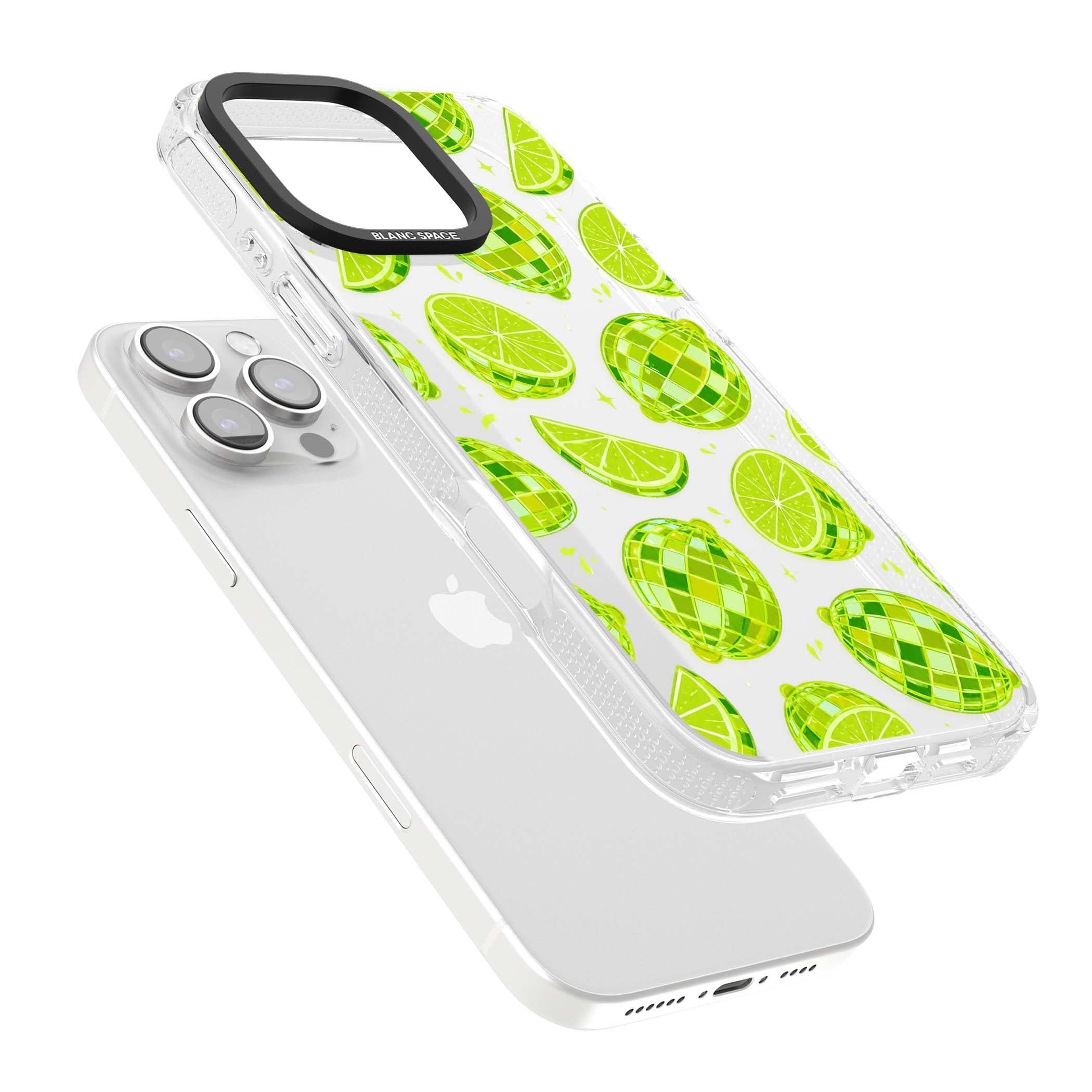 Disco Limes fruit aesthetic iPhone case featuring green disco balls, lime slices and citrus sparkles | Clear Case Impact Air case for iPhone 16 Pro, iPhone 16 Pro Max