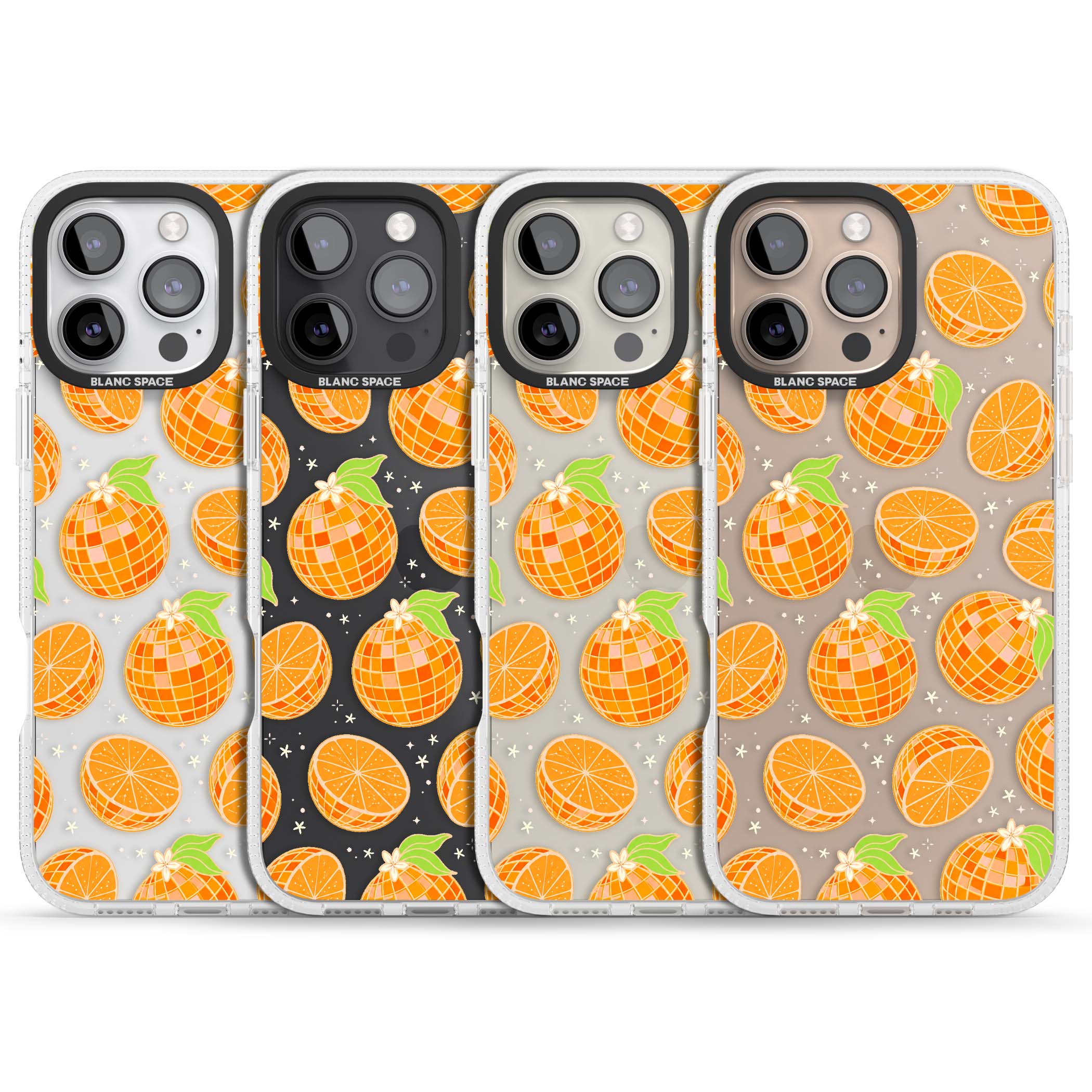 Disco Oranges retro iPhone case featuring mirrorball oranges, citrus slices and tiny blossoms on clear | Clear Case Impact Air case for iPhone 16 Pro, iPhone 16 Pro Max
