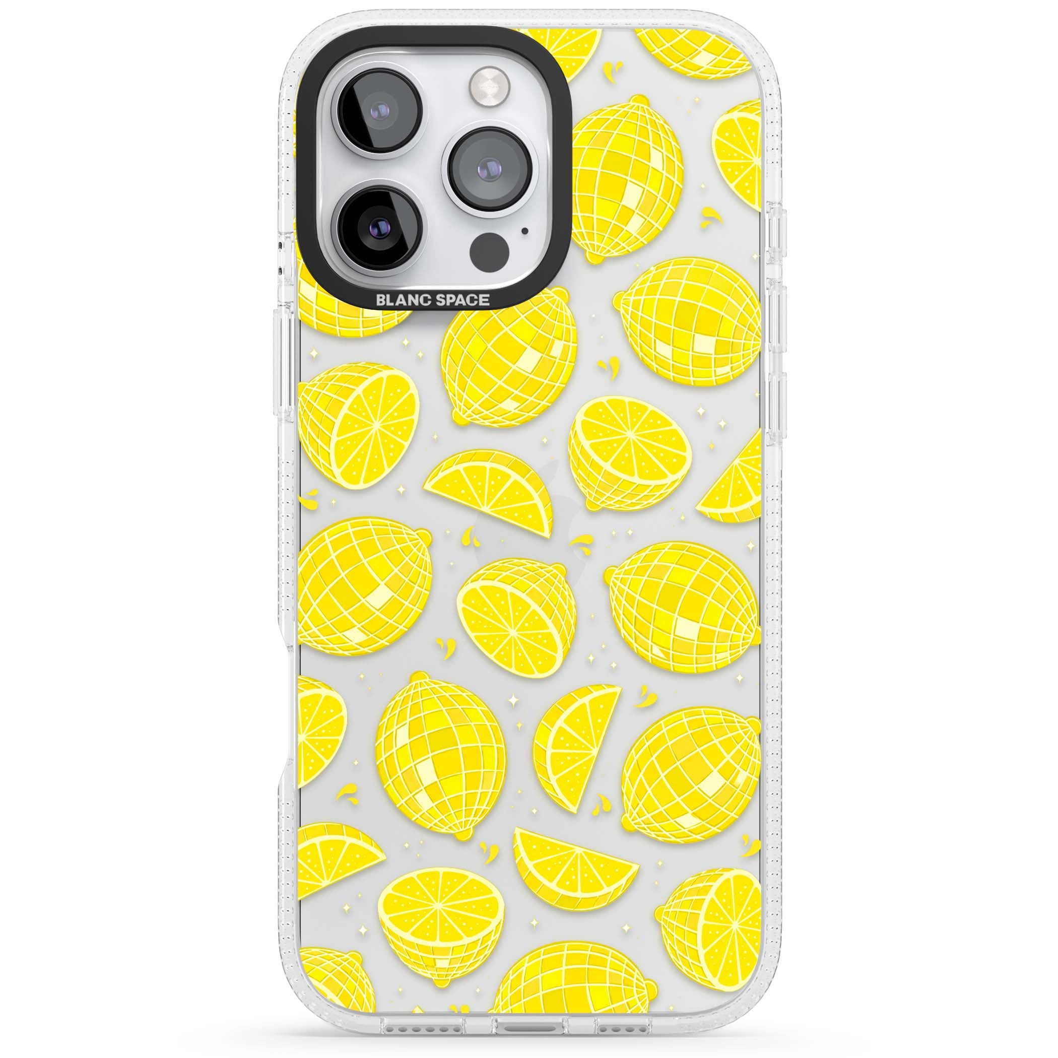 Disco Lemons citrus iPhone case featuring mirrorball lemons, sliced fruit and sparkle accents | Clear Case Impact Air case for iPhone 16 Pro, iPhone 16 Pro Max