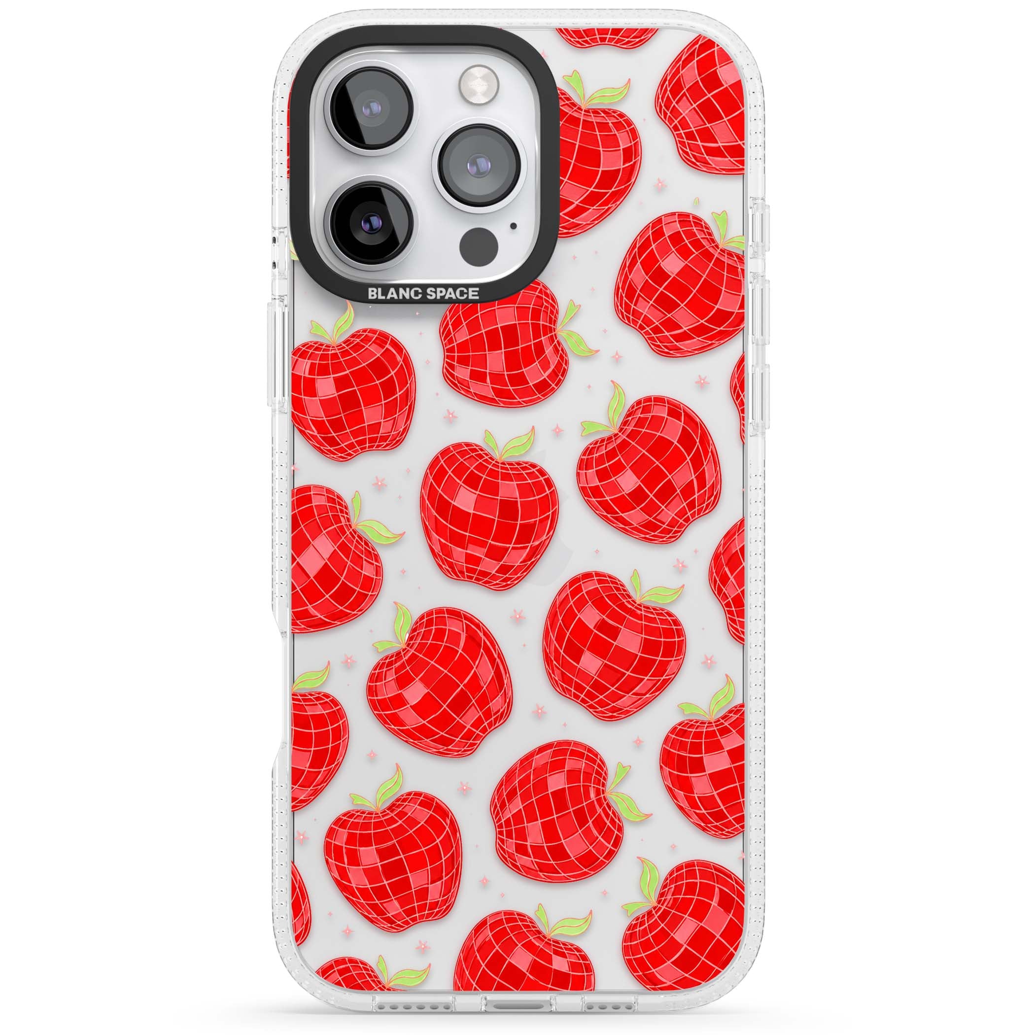Disco Apples Y2K iPhone case featuring red disco ball apples, green leaves and pink sparkles on clear | Clear Case Impact Air case for iPhone 16 Pro, iPhone 16 Pro Max