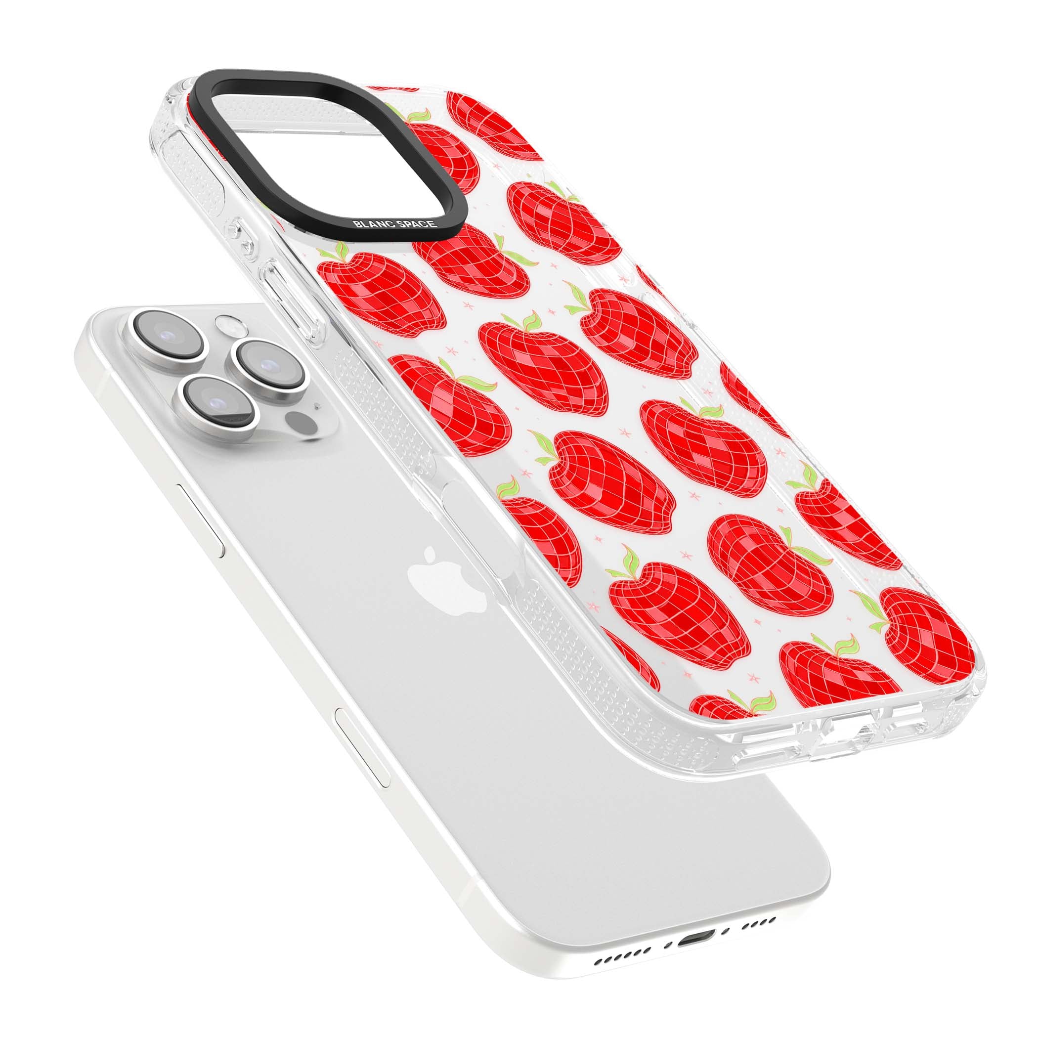 Disco Apples Y2K iPhone case featuring red disco ball apples, green leaves and pink sparkles on clear | Clear Case Impact Air case for iPhone 16 Pro, iPhone 16 Pro Max