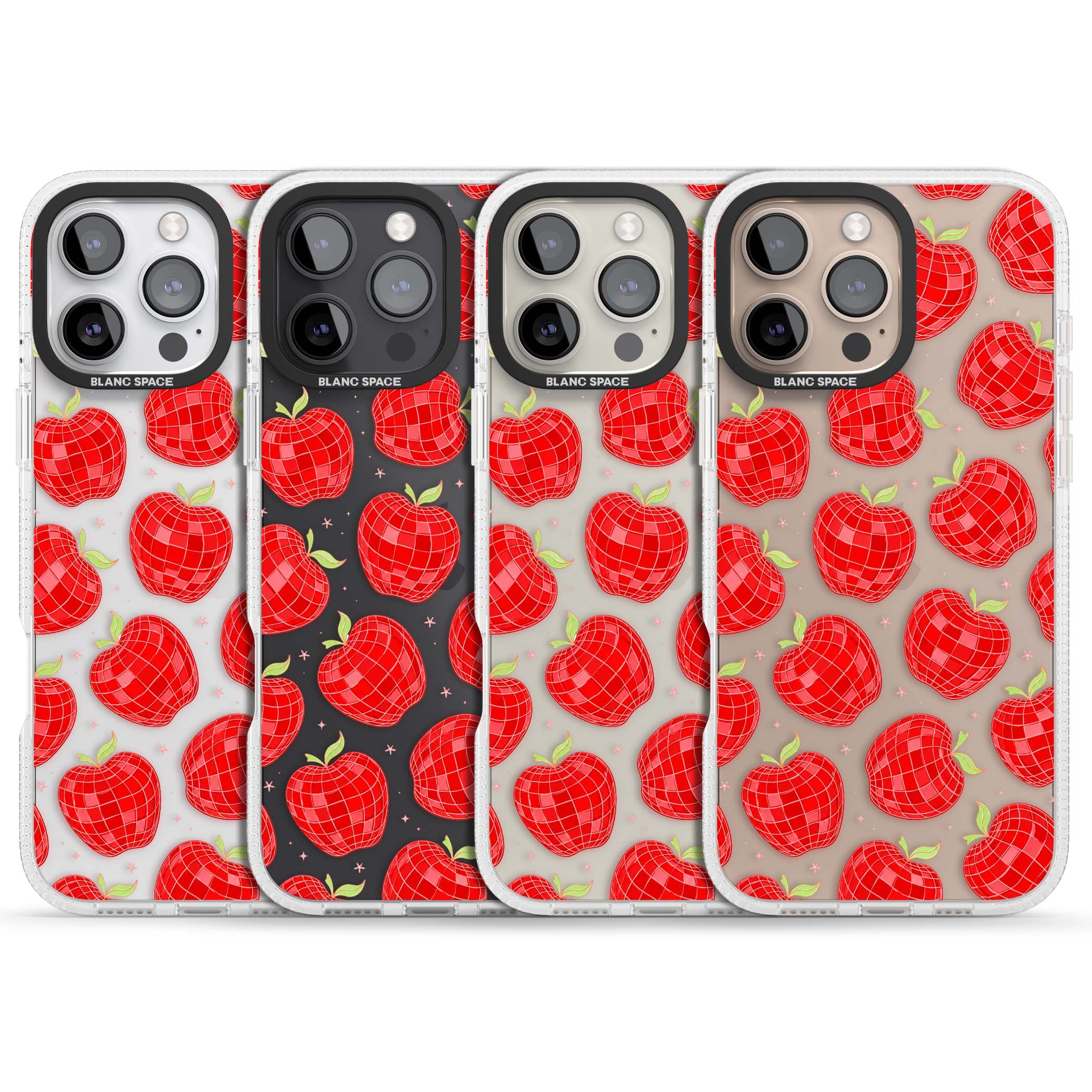 Disco Apples Y2K iPhone case featuring red disco ball apples, green leaves and pink sparkles on clear | Clear Case Impact Air case for iPhone 16 Pro, iPhone 16 Pro Max