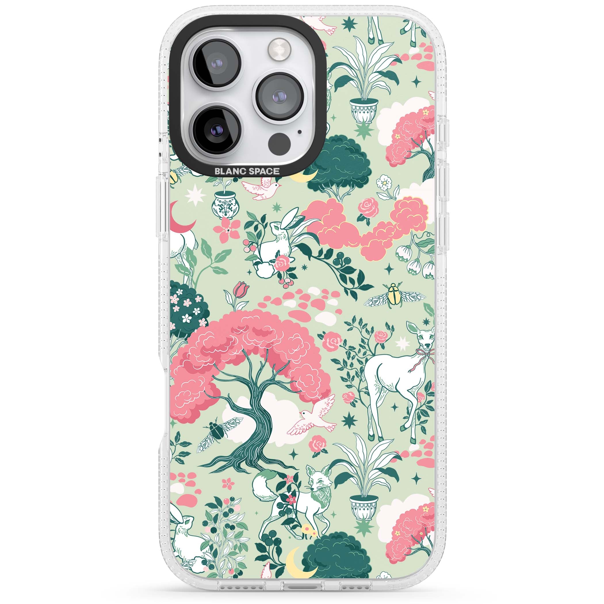 Enchanted Woodland cottagecore iPhone case featuring white deer, pink roses, mushrooms and woodland animals on sage green | Clear Case Impact Air case for iPhone 16 Pro, iPhone 16 Pro Max