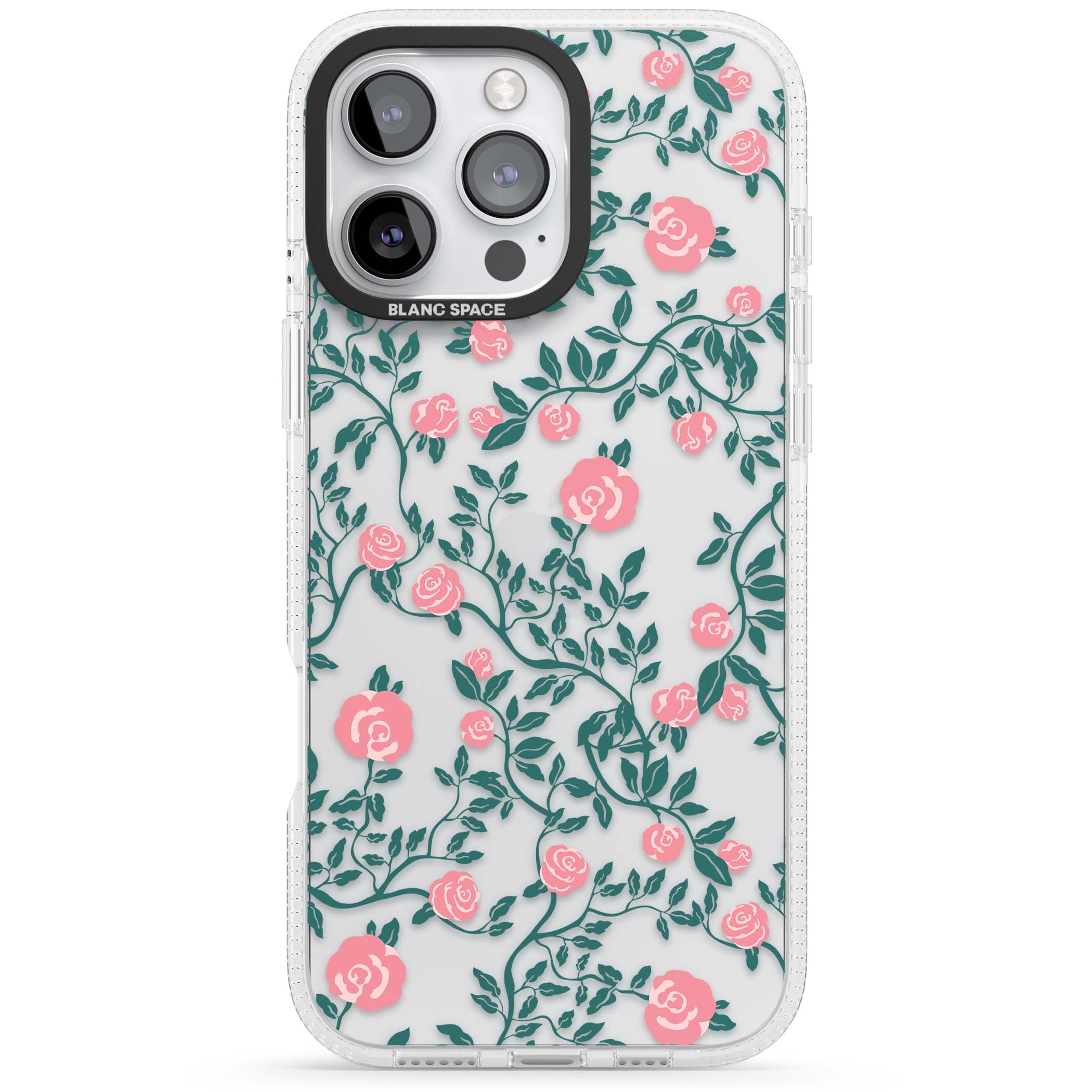 Rose Trellis (Clear) cottagecore iPhone case featuring pink climbing roses and green leaves on clear background | Clear Case Impact Air case for iPhone 16 Pro, iPhone 16 Pro Max