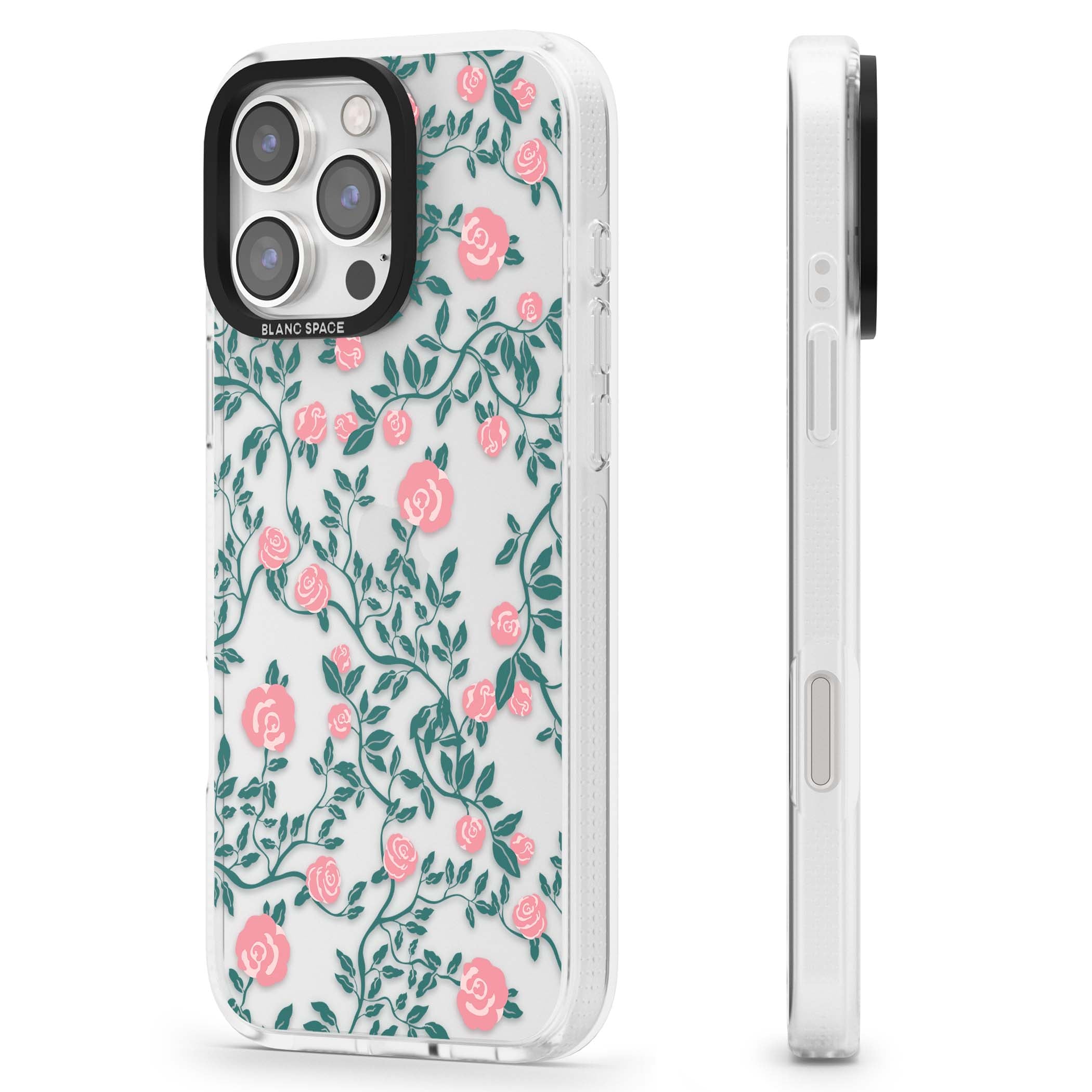 Rose Trellis (Clear) cottagecore iPhone case featuring pink climbing roses and green leaves on clear background | Clear Case Impact Air case for iPhone 16 Pro, iPhone 16 Pro Max