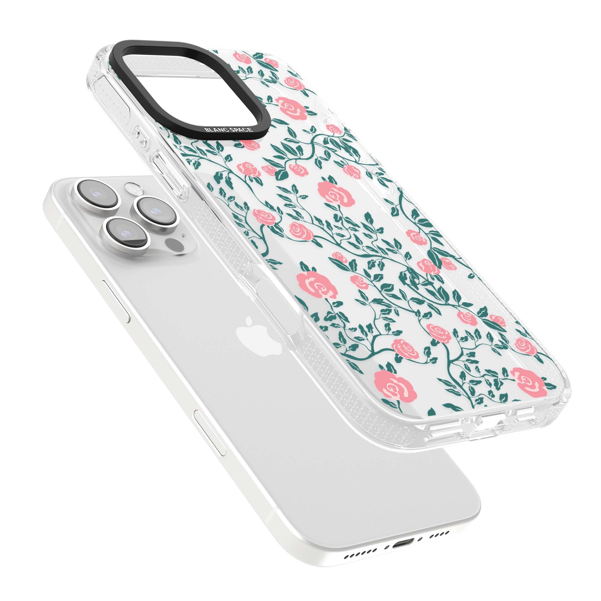 Rose Trellis (Clear) cottagecore iPhone case featuring pink climbing roses and green leaves on clear background | Clear Case Impact Air case for iPhone 16 Pro, iPhone 16 Pro Max