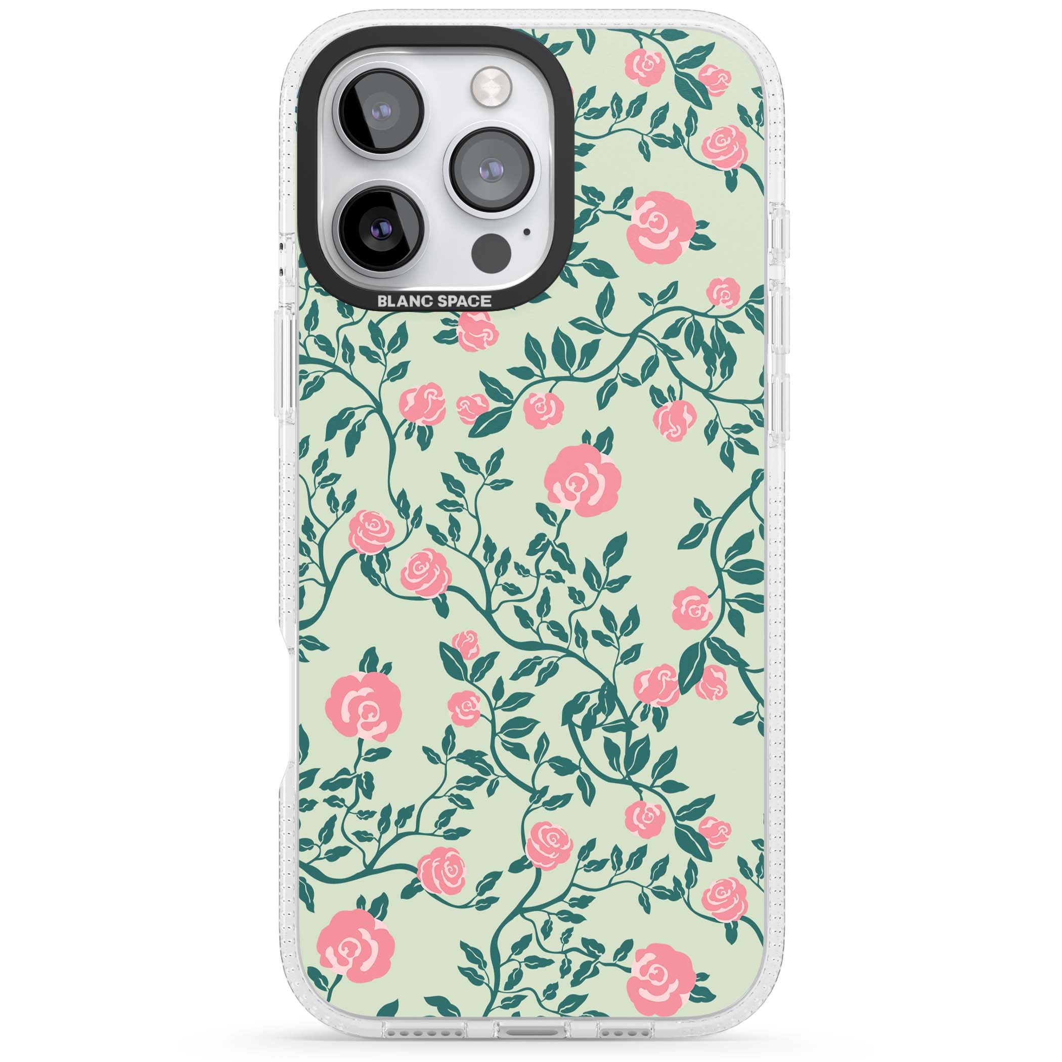 Rose Trellis cottagecore iPhone case featuring pink roses, sage green vines, and mint background | Clear Case Impact Air case for iPhone 16 Pro, iPhone 16 Pro Max