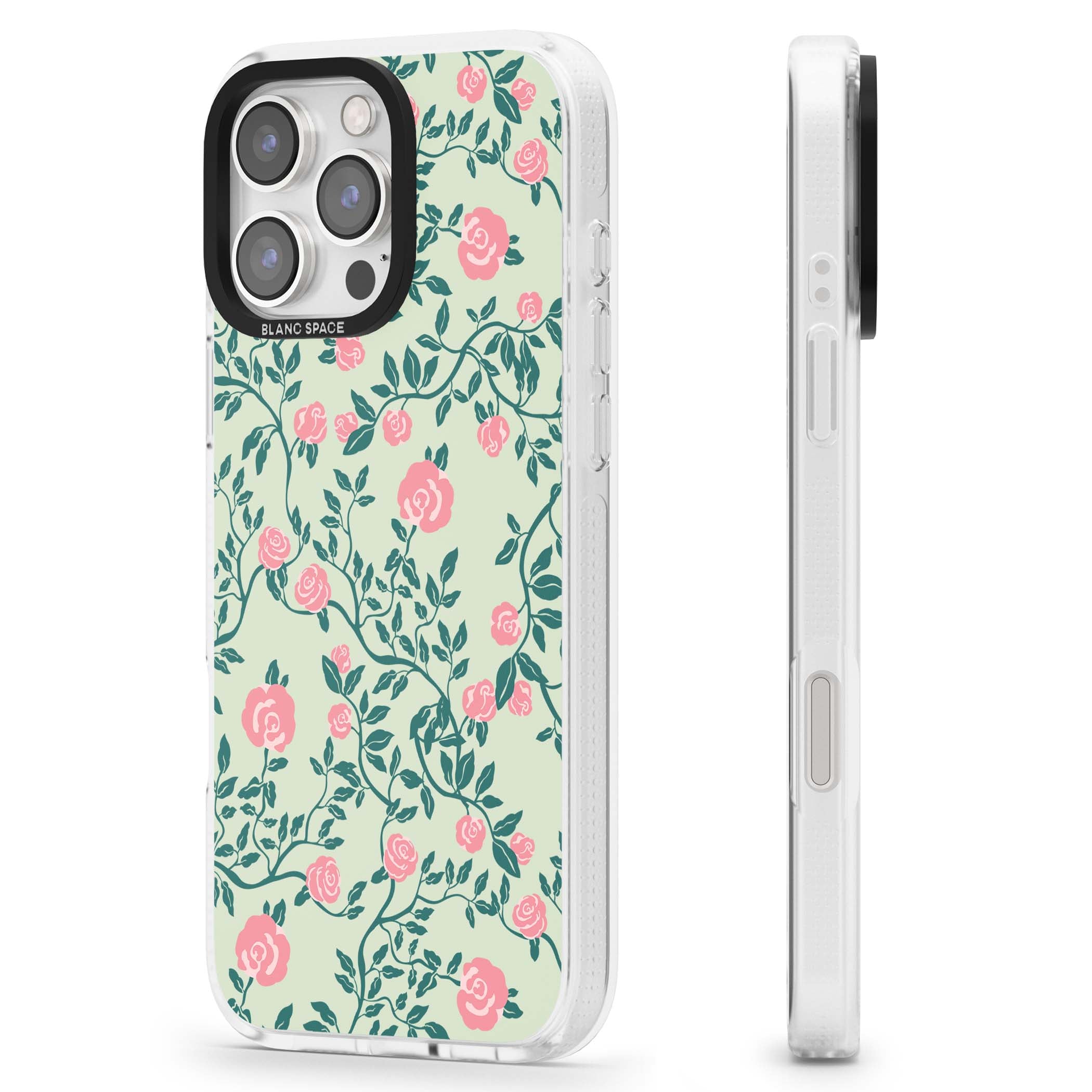 Rose Trellis cottagecore iPhone case featuring pink roses, sage green vines, and mint background | Clear Case Impact Air case for iPhone 16 Pro, iPhone 16 Pro Max