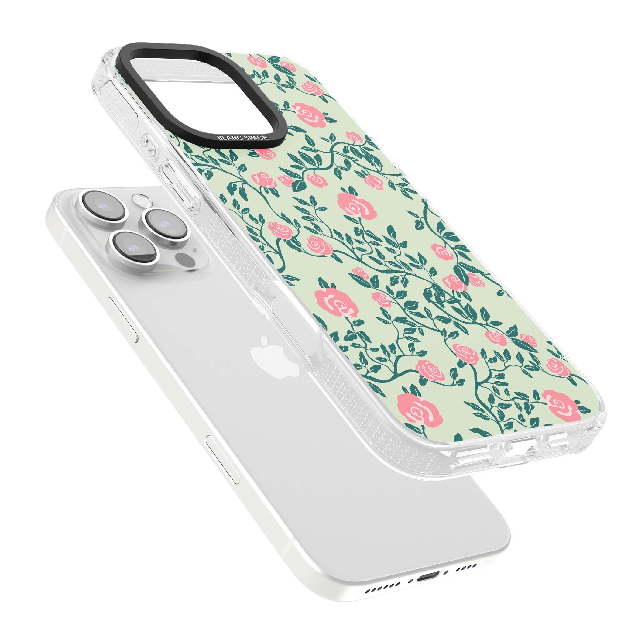 Rose Trellis cottagecore iPhone case featuring pink roses, sage green vines, and mint background | Clear Case Impact Air case for iPhone 16 Pro, iPhone 16 Pro Max