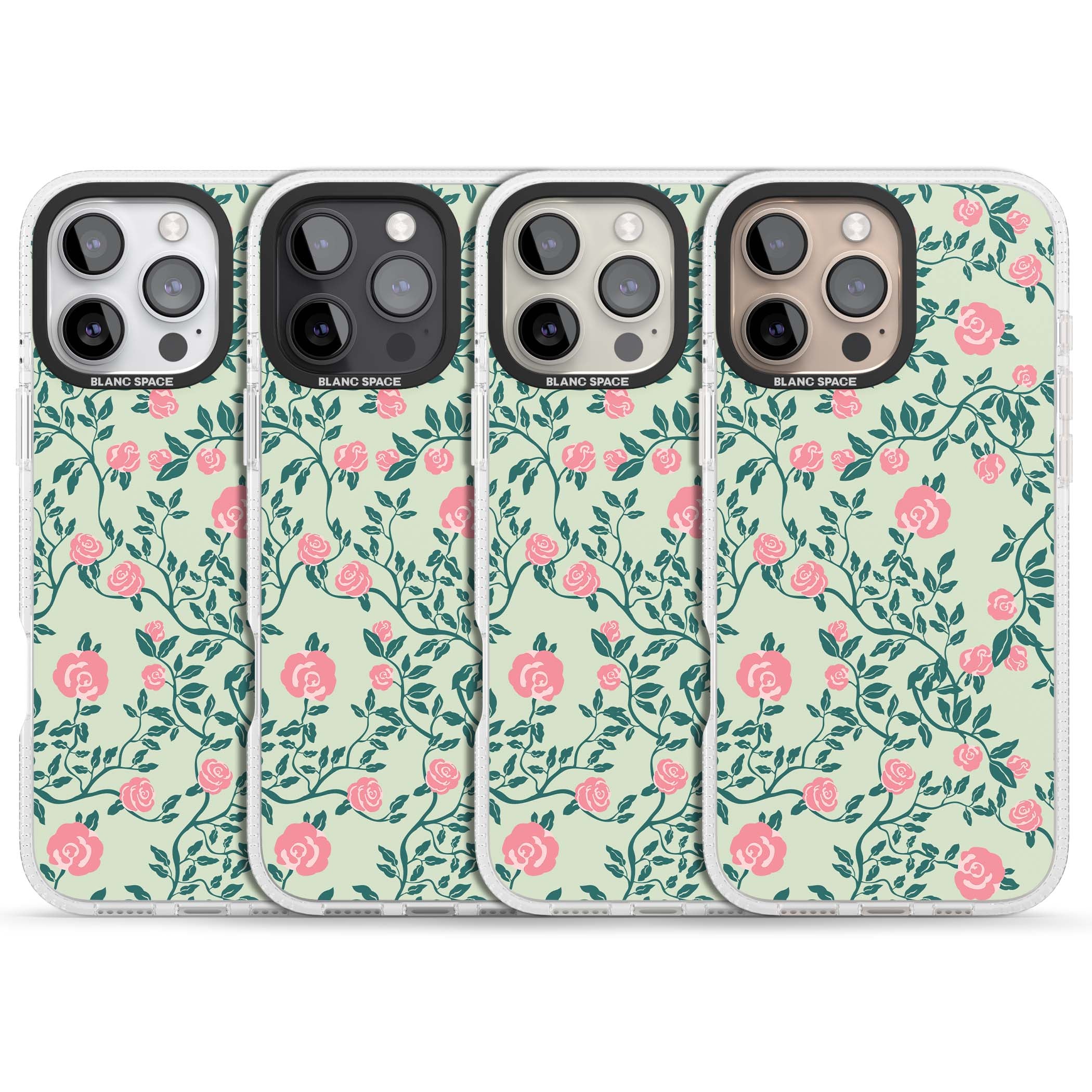 Rose Trellis cottagecore iPhone case featuring pink roses, sage green vines, and mint background | Clear Case Impact Air case for iPhone 16 Pro, iPhone 16 Pro Max