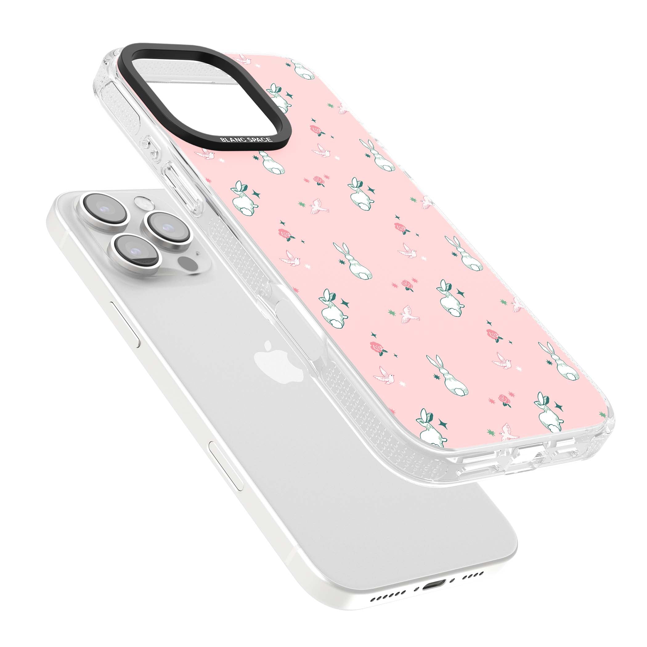 Bunny Garden kawaii iPhone case featuring white rabbits, pink roses, doves and stars on pink background | Clear Case Impact Air case for iPhone 16 Pro, iPhone 16 Pro Max