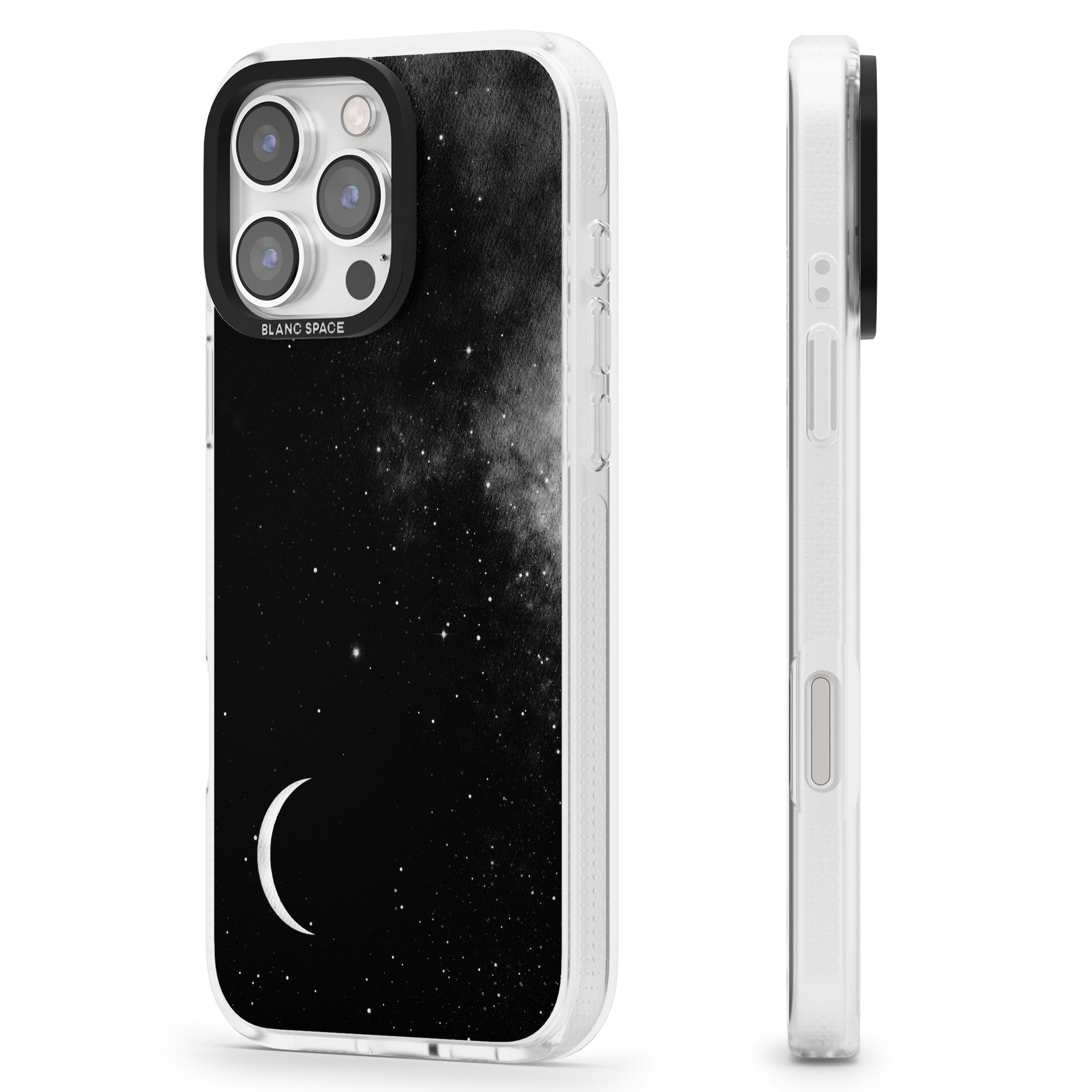Night Sky Galaxies: Crescent Moon iPhone 16 Pro Max / 16 Pro Clear Case Impact Air - Blanc Space