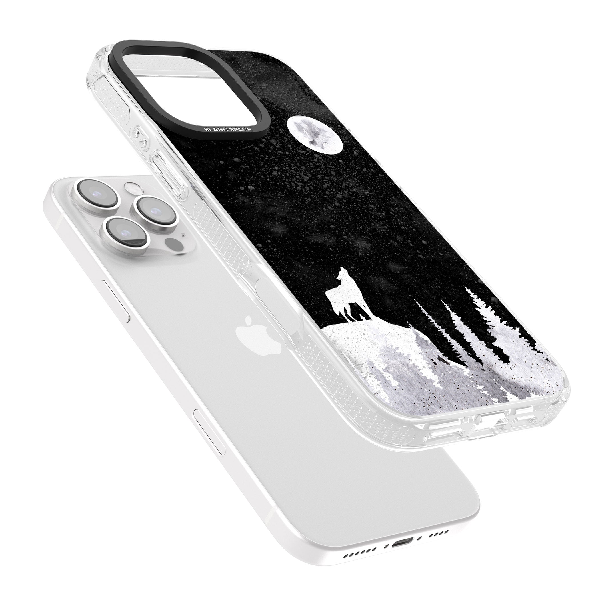 Moon Phases: Wolf & Full Moon iPhone 16 Pro Max / 16 Pro Clear Case Impact Air - Blanc Space