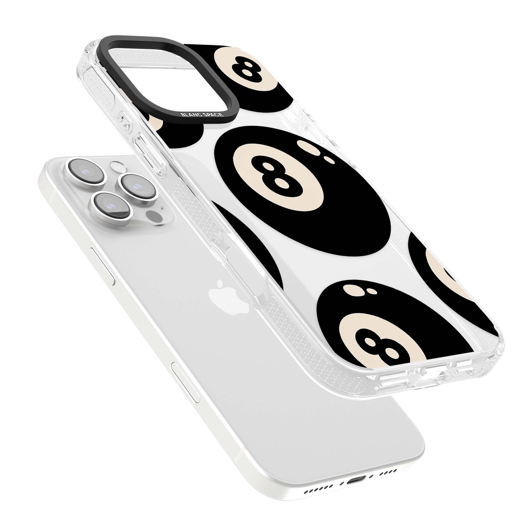 Eights y2k iPhone case featuring scattered black 8 balls with cream highlights on a clear background | Clear Case Impact Air case for iPhone 16 Pro, iPhone 16 Pro Max