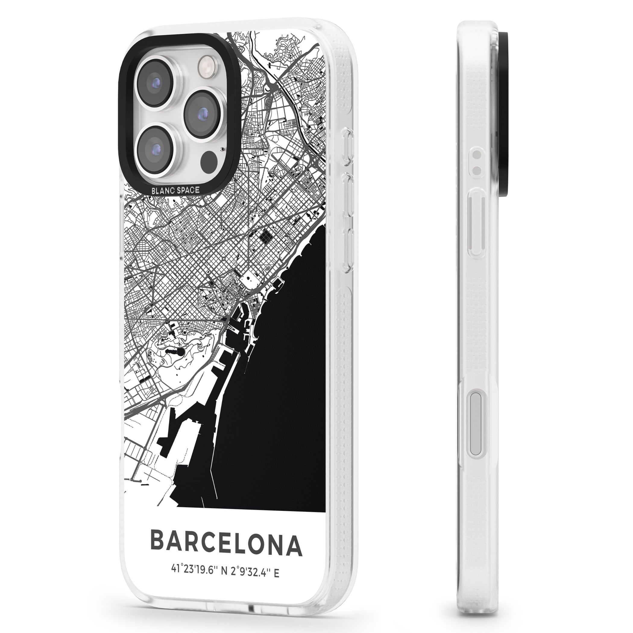 Map of Barcelona, Spain iPhone 16 Pro Max / 16 Pro Clear Case Impact Air - Blanc Space