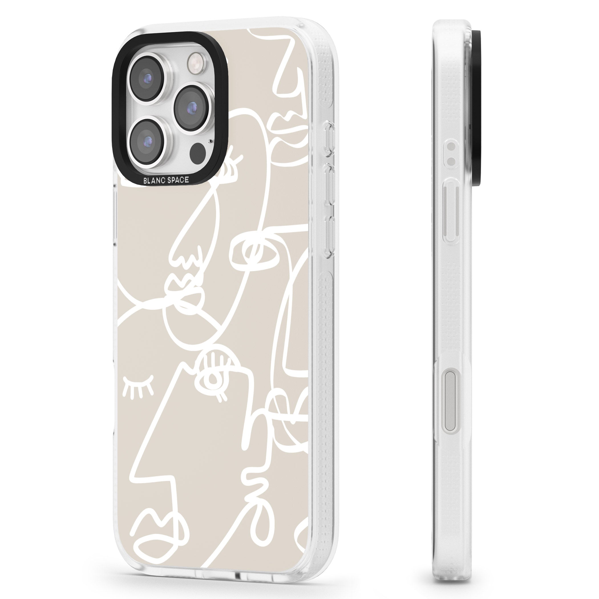Abstract Continuous Line Faces White on Beige iPhone 16 Pro Max / 16 Pro Clear Case Impact Air - Blanc Space