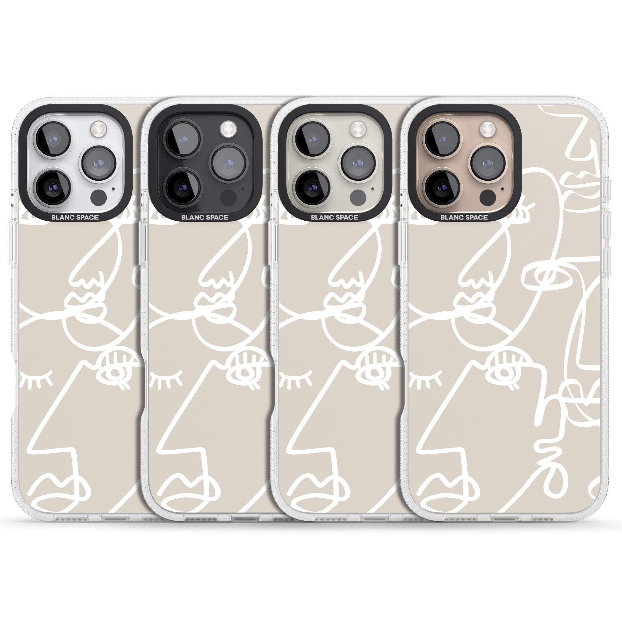 Abstract Continuous Line Faces White on Beige iPhone 16 Pro Max / 16 Pro Clear Case Impact Air - Blanc Space