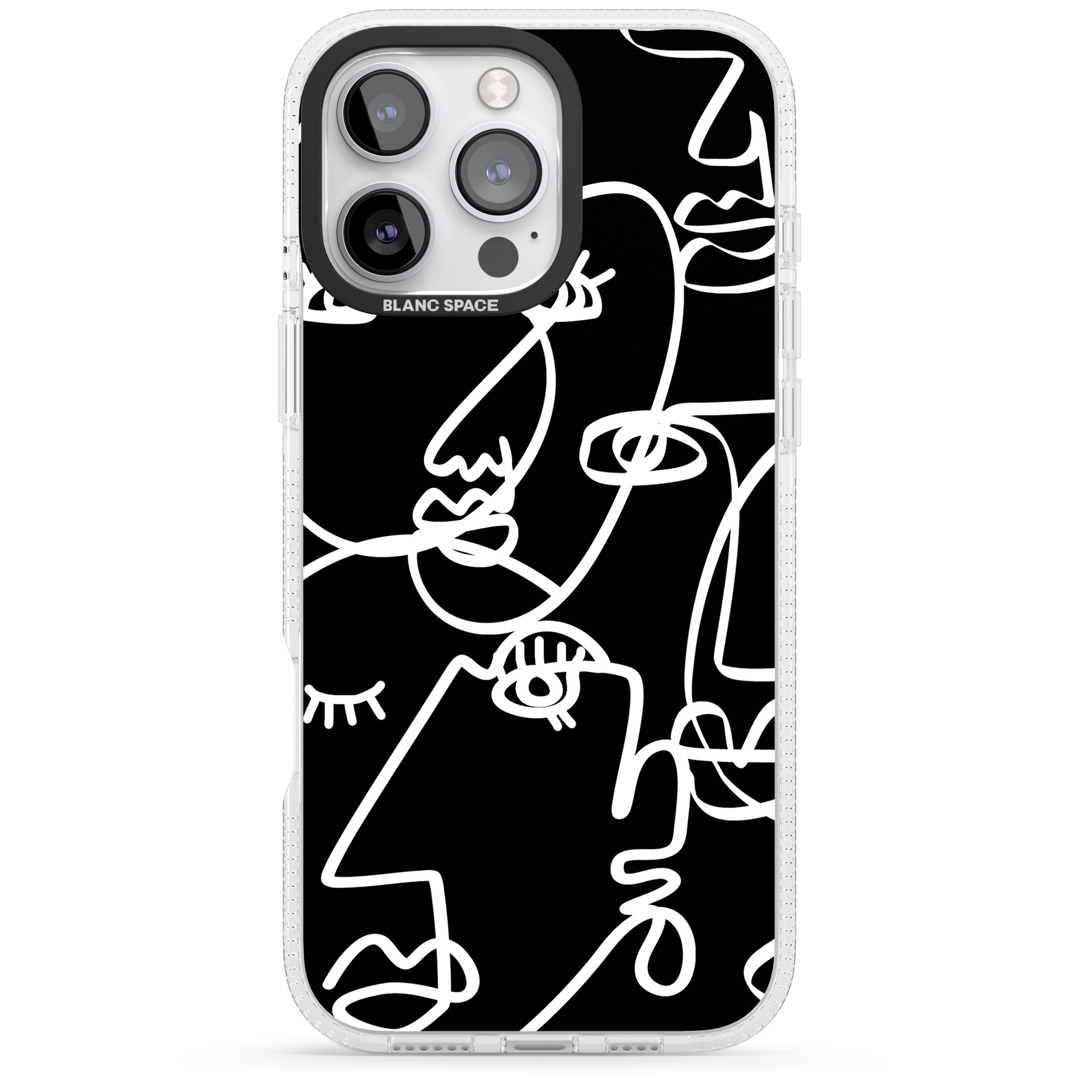 Abstract Continuous Line Faces White on Black iPhone 16 Pro Max / 16 Pro Clear Case Impact Air - Blanc Space