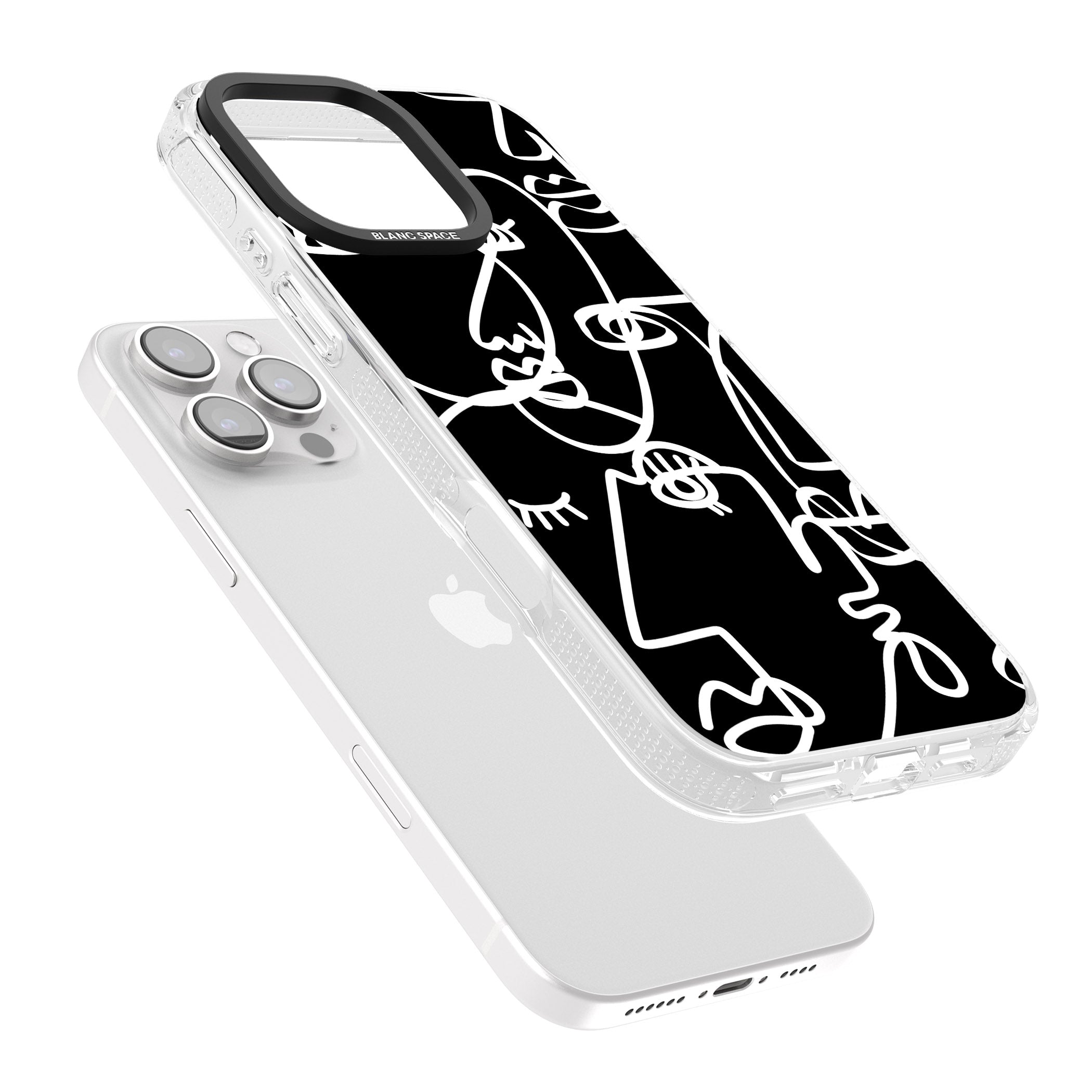 Abstract Continuous Line Faces White on Black iPhone 16 Pro Max / 16 Pro Clear Case Impact Air - Blanc Space