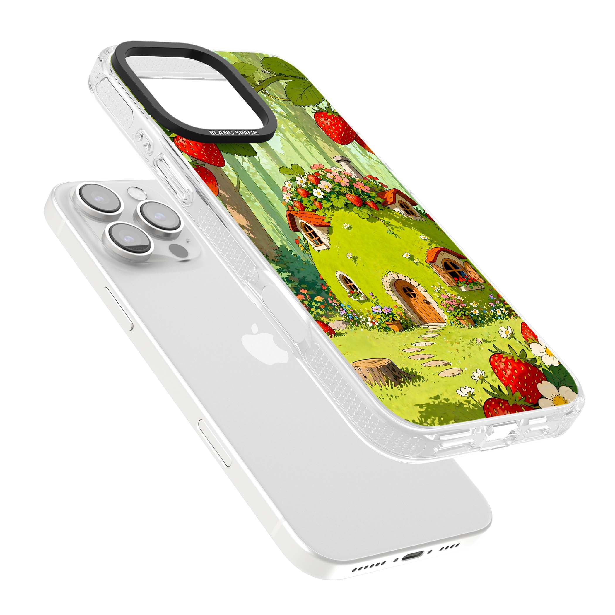 Strawberry Cottage cottagecore iPhone case featuring a green fairy house, wild strawberries and enchanted forest flowers | Clear Case Impact Air case for iPhone 16 Pro, iPhone 16 Pro Max