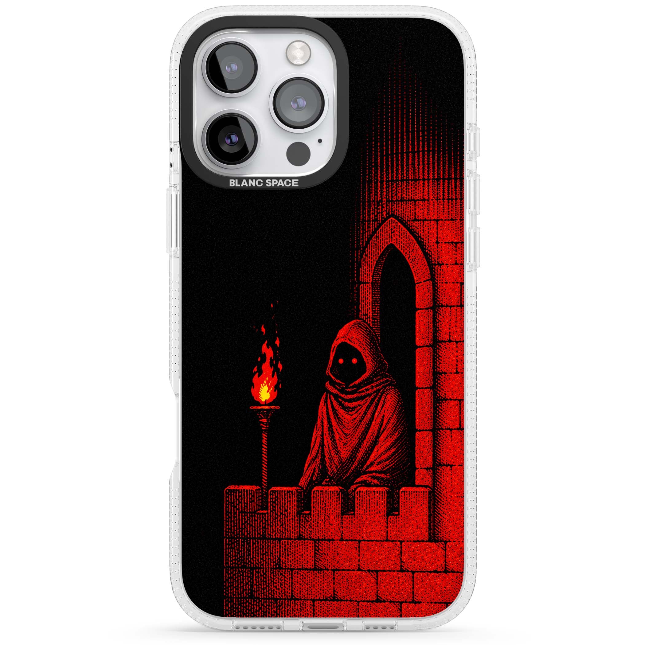 Crimson Crypt gothic iPhone case featuring a hooded reaper, torchlit crypt archway and red halftone horror art | Clear Case Impact Air case for iPhone 16 Pro, iPhone 16 Pro Max