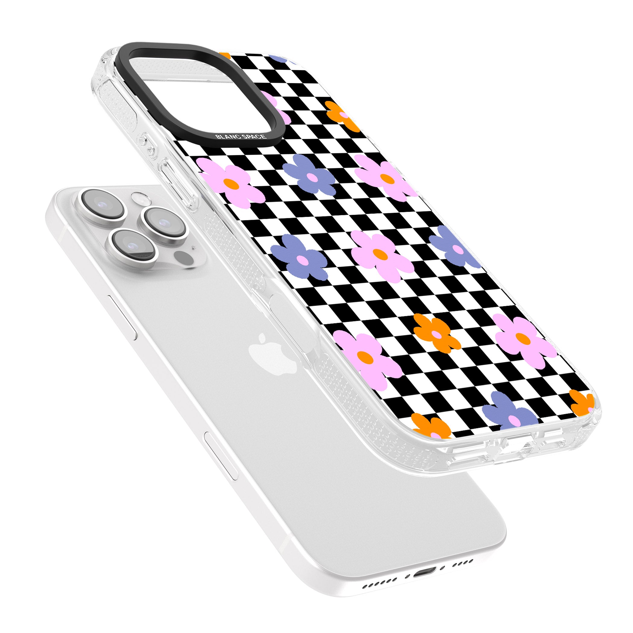 Checkered Blossom iPhone 16 Pro Max / 16 Pro Clear Case Impact Air - Blanc Space