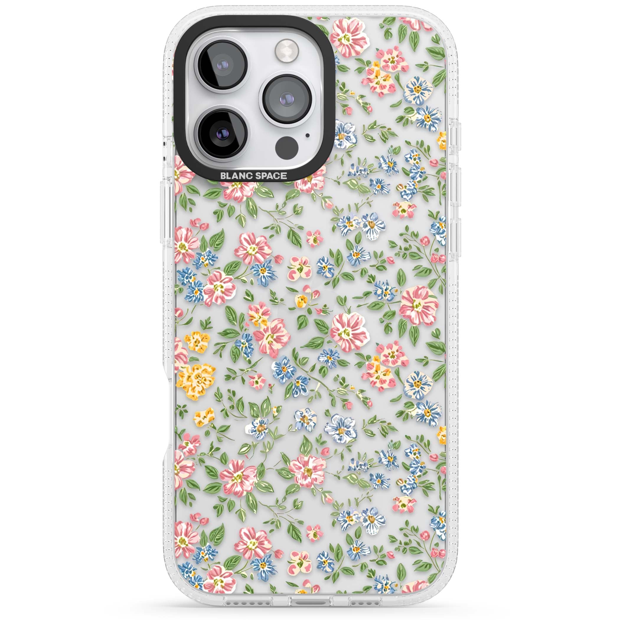 Soft Meadow cottagecore iPhone case featuring pink cosmos, blue forget-me-nots, yellow buttercups and green leaves sca | Clear Case Impact Air case for iPhone 16 Pro, iPhone 16 Pro Max