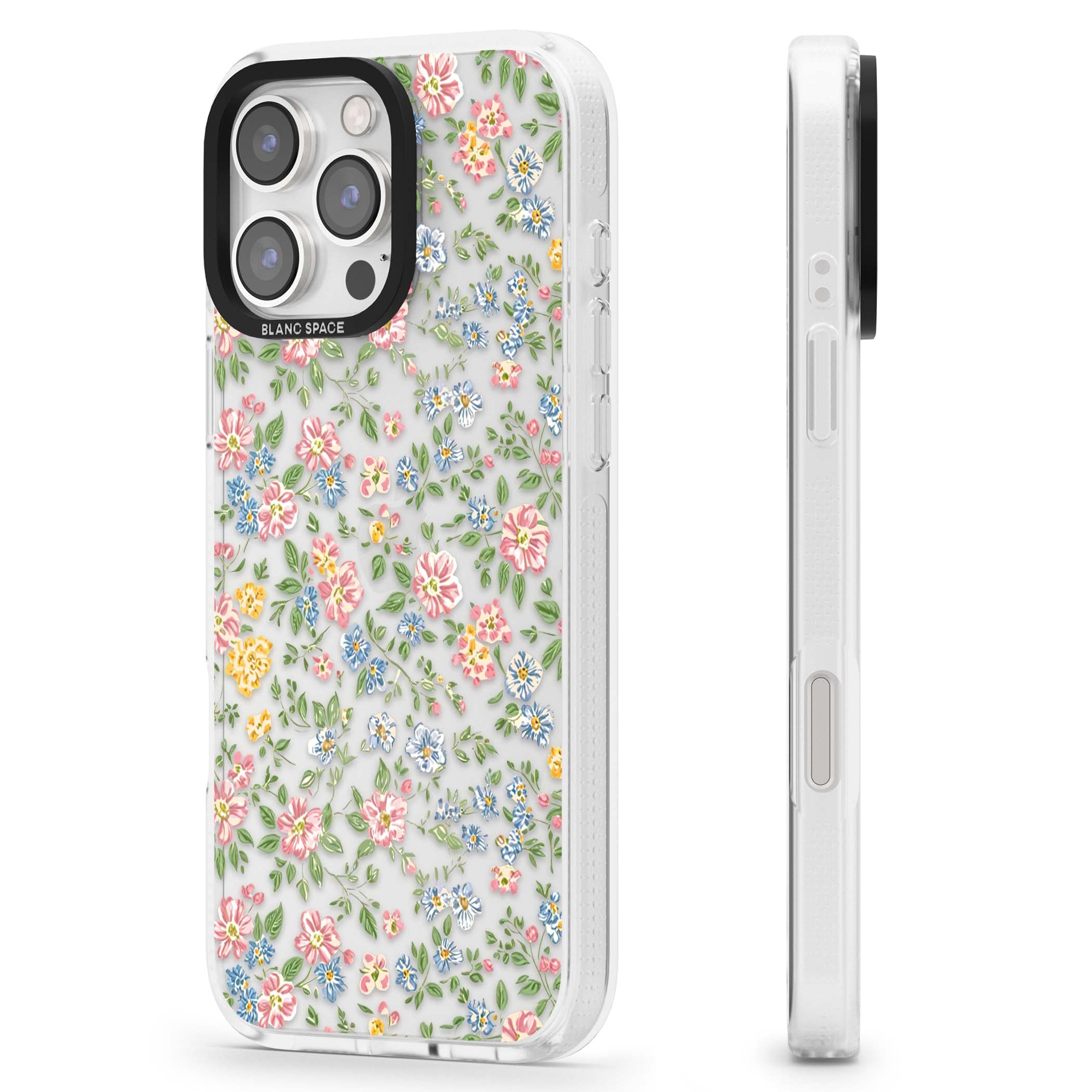 Soft Meadow cottagecore iPhone case featuring pink cosmos, blue forget-me-nots, yellow buttercups and green leaves sca | Clear Case Impact Air case for iPhone 16 Pro, iPhone 16 Pro Max